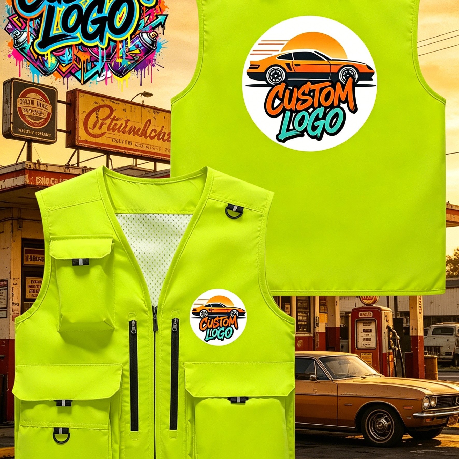 TEMU [car Print Vest] Plus Size (asian Xl-5xl), Outdoor Unisex Multi-pocket Cargo Vest, Personalized Car Pattern, V-neck Functional Jacket, Fishing