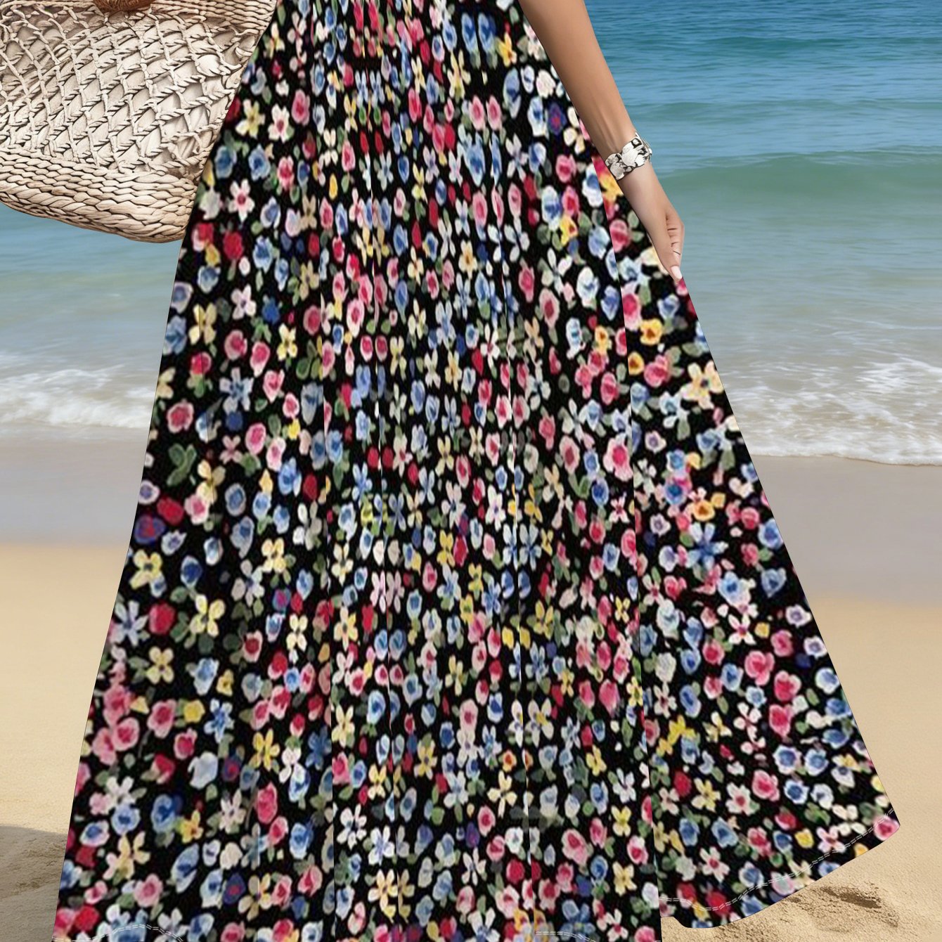TEMU Women's Plus Size Floral Print Pleated Maxi Skirt, Lightweight Flowy Fabric With Elegant Pleated Details, Ideal For Beach Vacation, Travel,