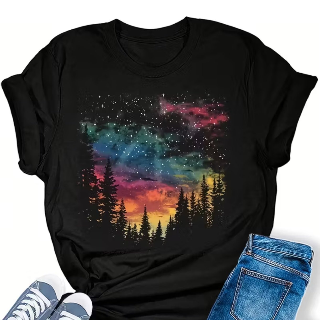 TEMU Women's 100% Casual Vacation Scenery Print Crew Neck Short Sleeve T-shirt - Loose Fit Essential For Vacation, Leisure, Outdoor & Daily Wear,