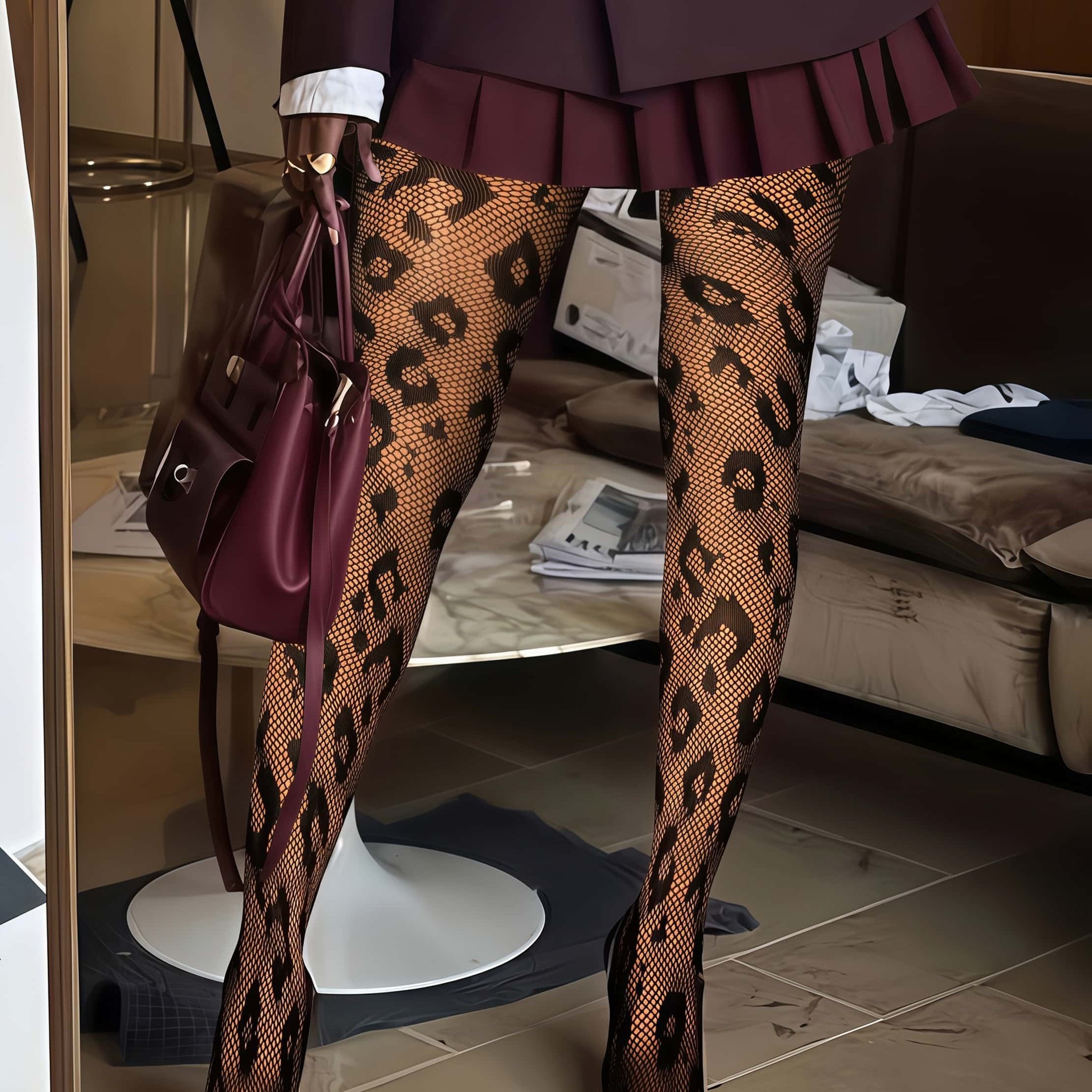 TEMU Women's Print Fishnet Tights - High Elasticity Matte Stockings With Semi-sheer Fishnet & Full-length Leggings, Suitable For Night Out, Parties,,