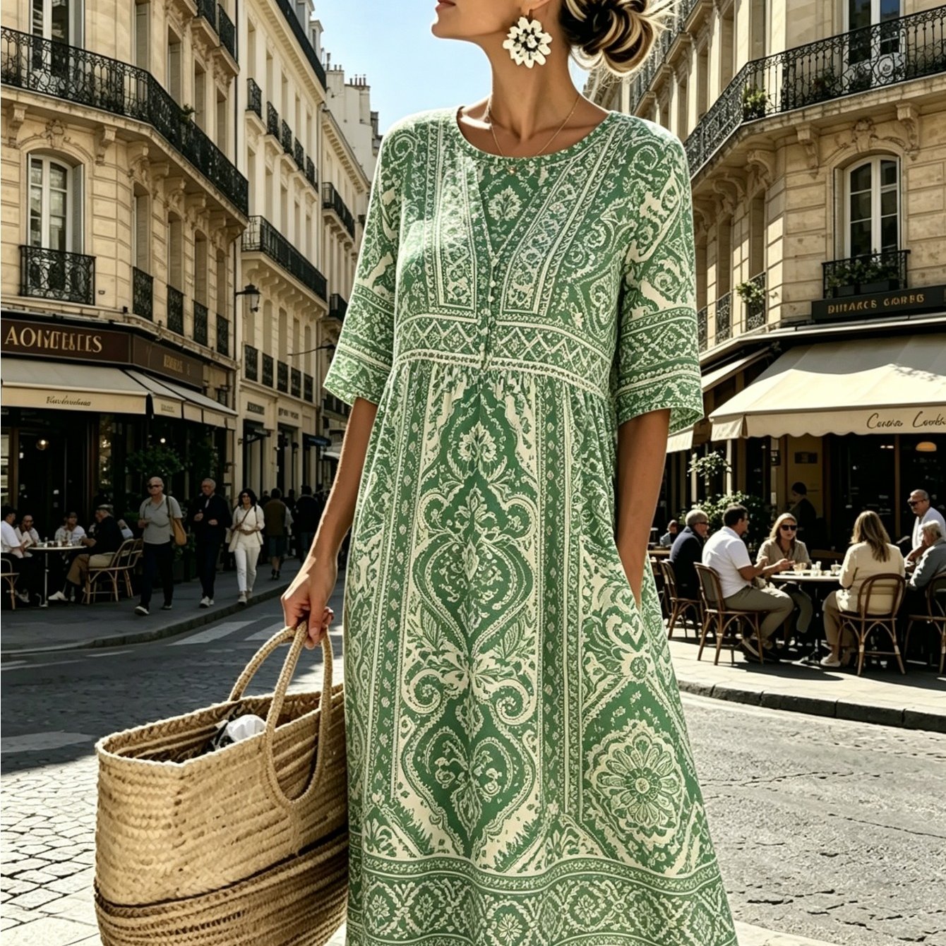 Women's Geometric Print Mid-length Dress - Round Neck, Half Sleeves With Pockets, Casual Loose Summer Dress, Suitable For Vacation, Beach, And Casual Attire