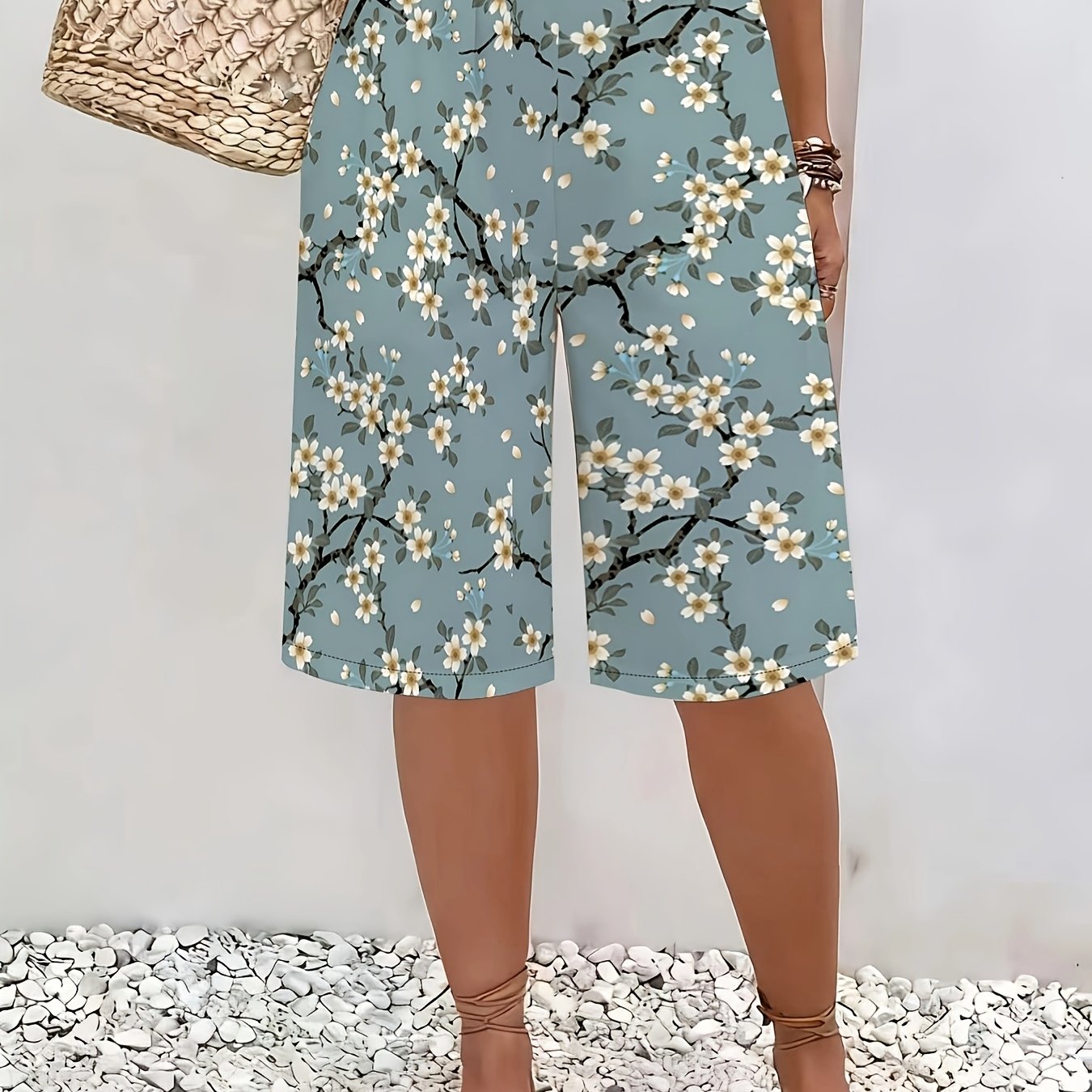 TEMU Women's Summer Casual Elastic Waist Three-quarter Wide-leg Pants, Fresh Cherry Print Straight-leg Capri Pants, Machine Washable, Resists