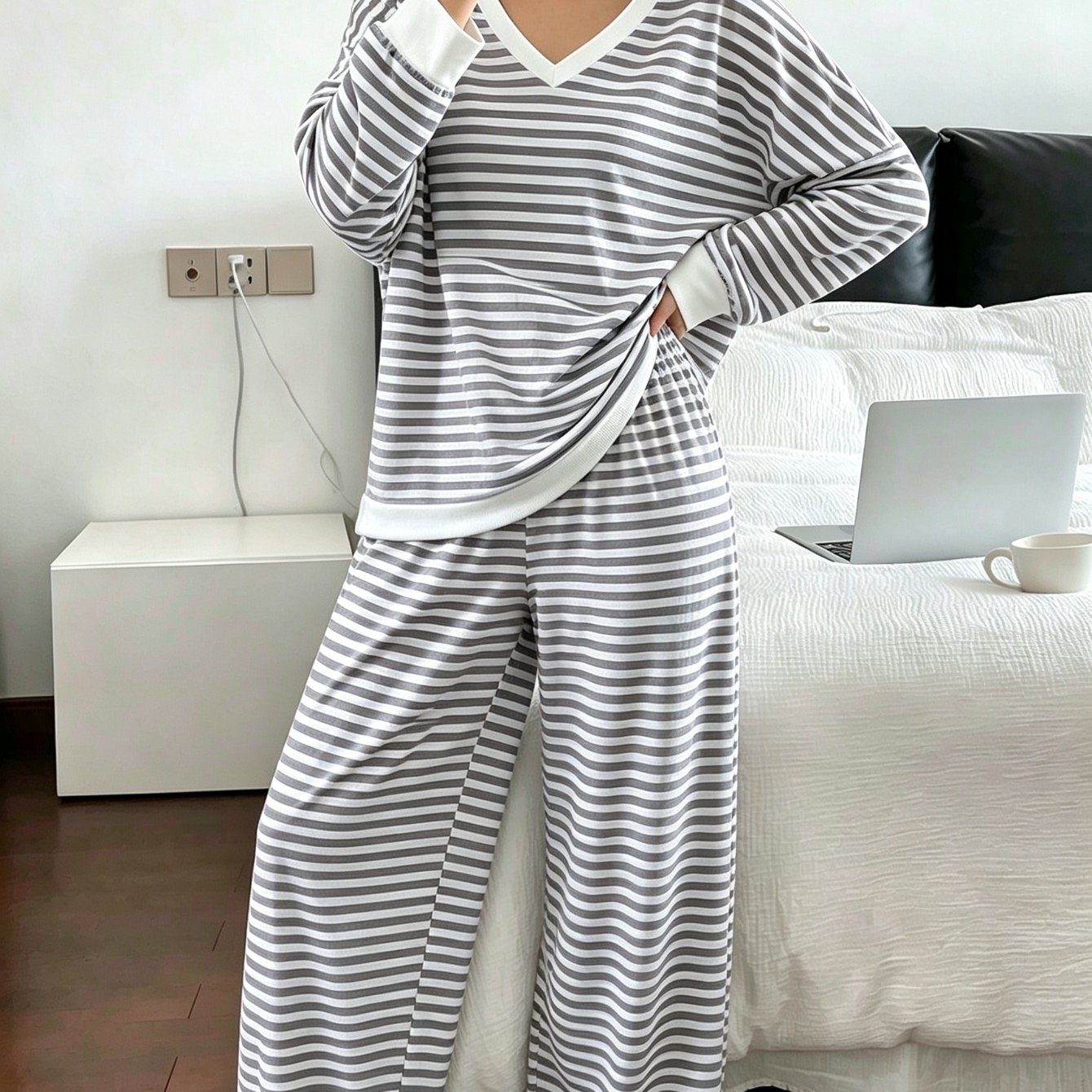 TEMU /autumn Striped Print Pajama Set, Women's Casual And Comfortable Loungewear Set