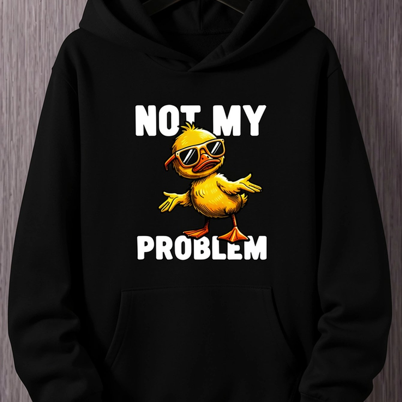 Image of Not My Problem Duck Graphic Men's Hoodie, Funny Cartoon Hooded Sweatshirt, Long Sleeve Pullover With Kangaroo Pocket, Casual Streetwear Top For Fall Winter, Daily Wear, , Travel And Outdoor Activities