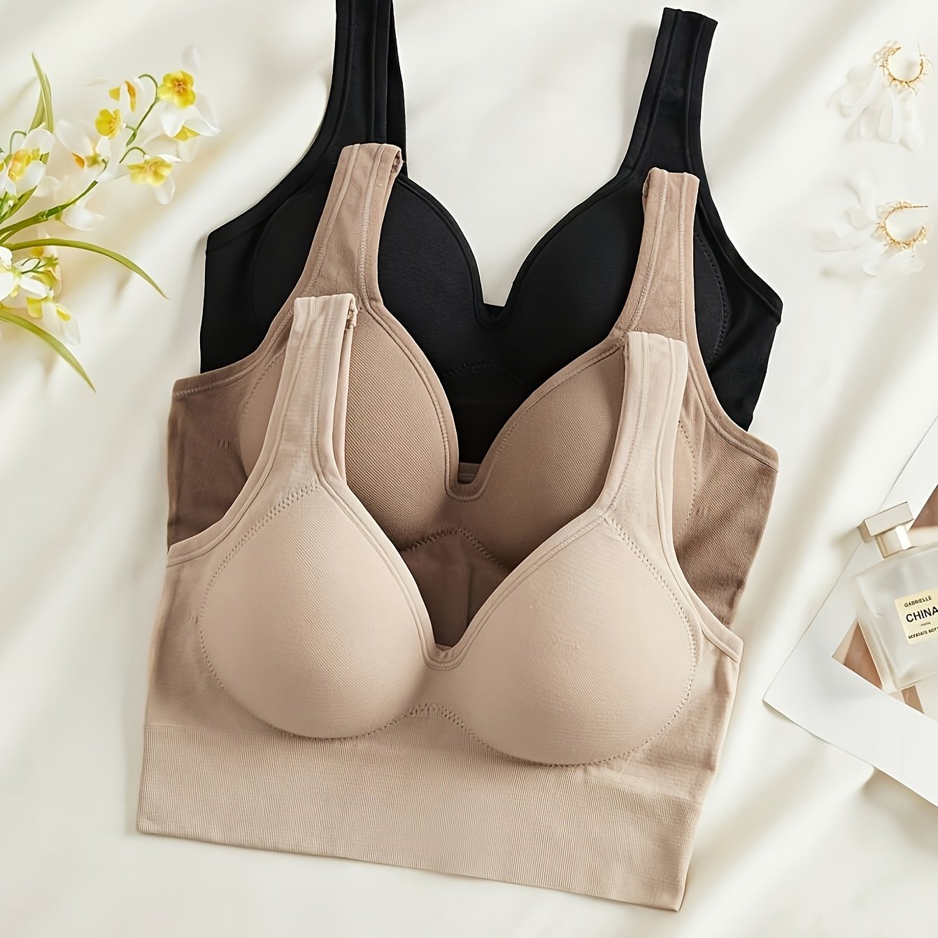 3pcs Set Elegant Solid Color Wireless Push-up Bras | Non-removable Padding, Wide Shoulder Pads, Seamless Design