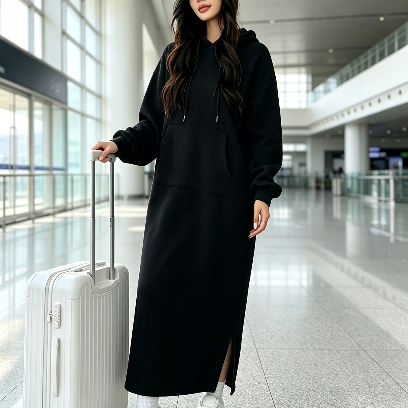 TEMU Women's Winter Warm -lined Long Hooded Sweatshirt Dress With Side Slits, Kangaroo Pocket, Loose Fit, Casual Daily Loungewear