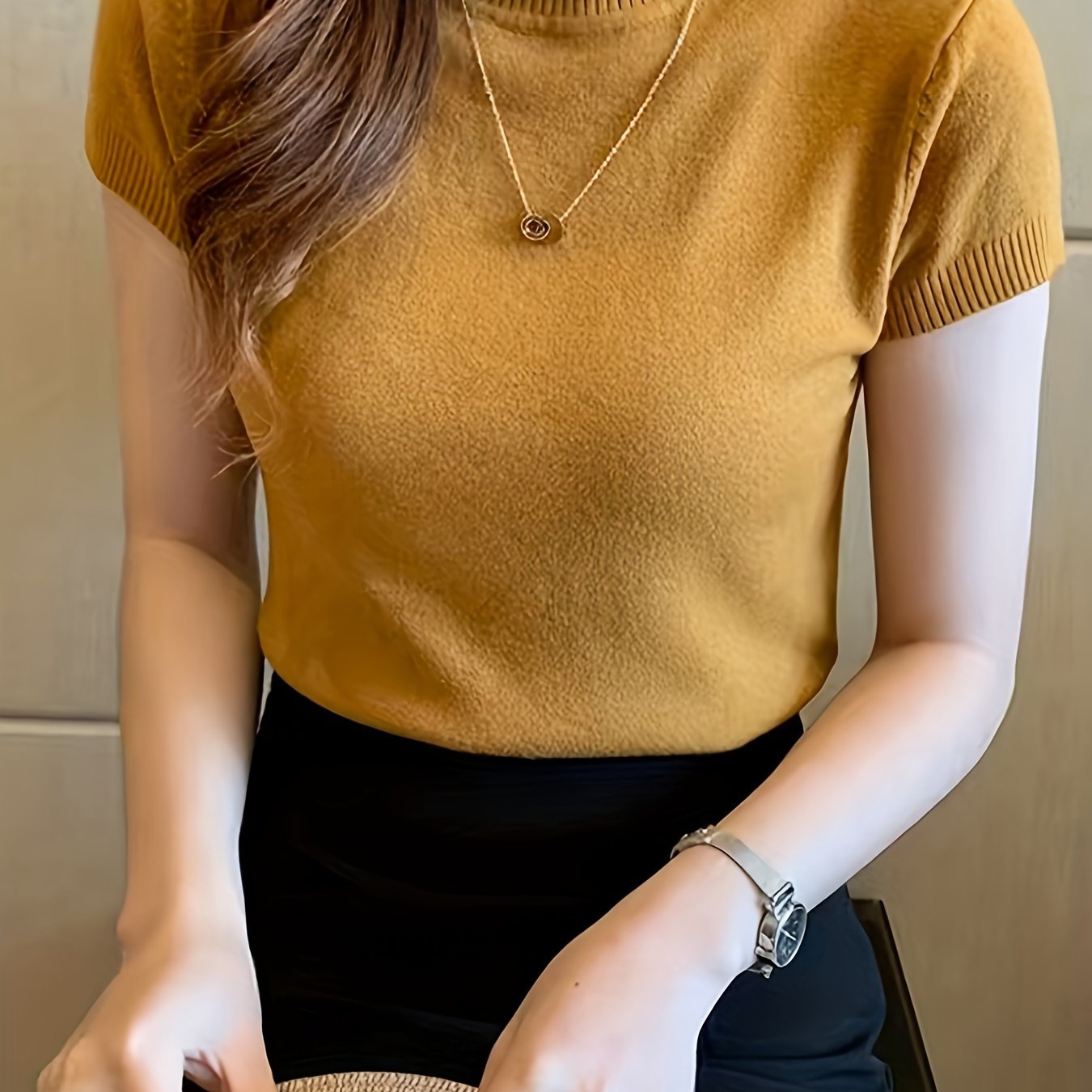 TEMU New Versatile Design Fabric Half High Collar Short Sleeve Fiber Fabric Pullover