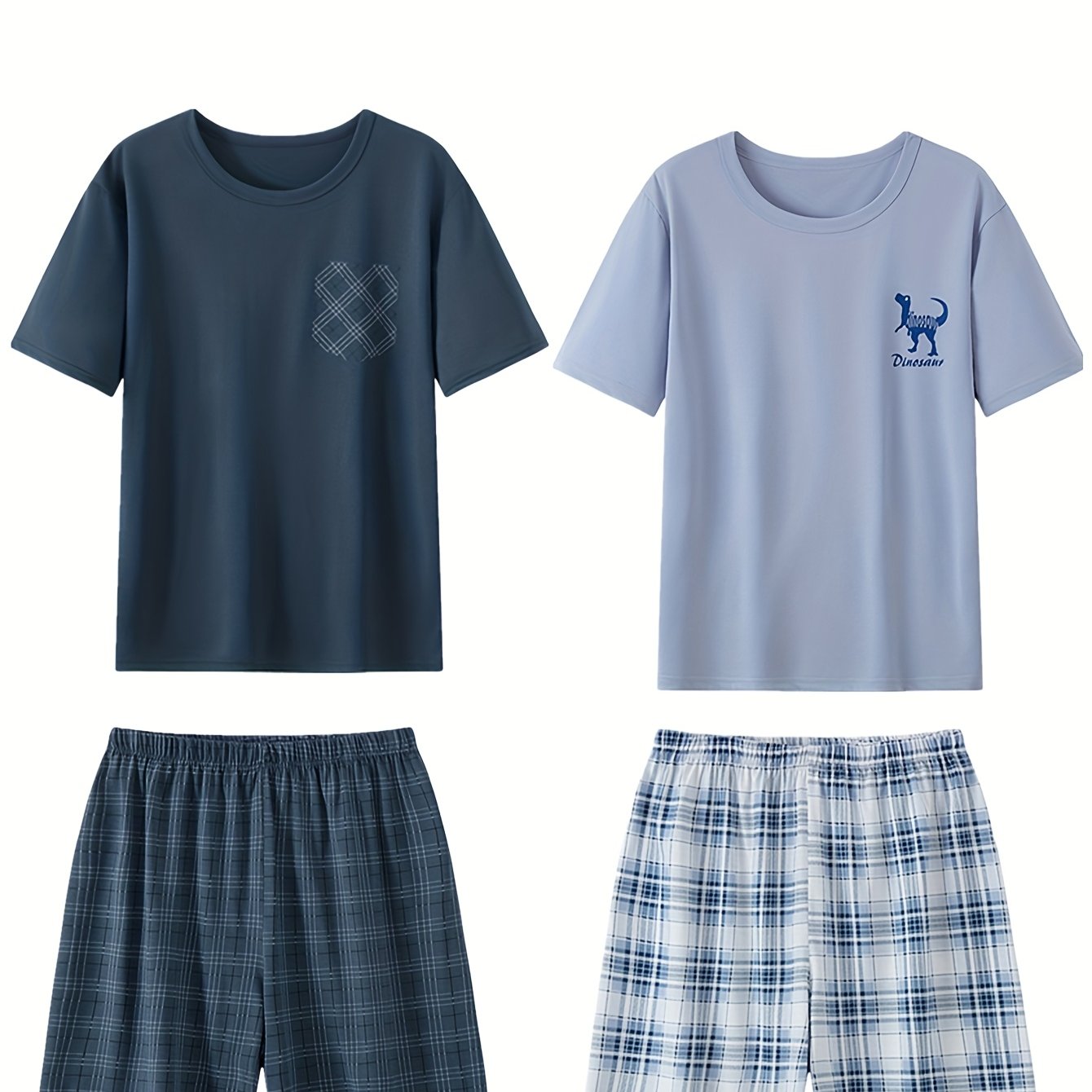 E-shop 4-teiliges Herren Kurzarm-Shorts Set, 2 Kurzarmshirts + 2 Shorts Set Kombination, Herren Karo Dinosaurier Print Frühling Sommer Herbst Set