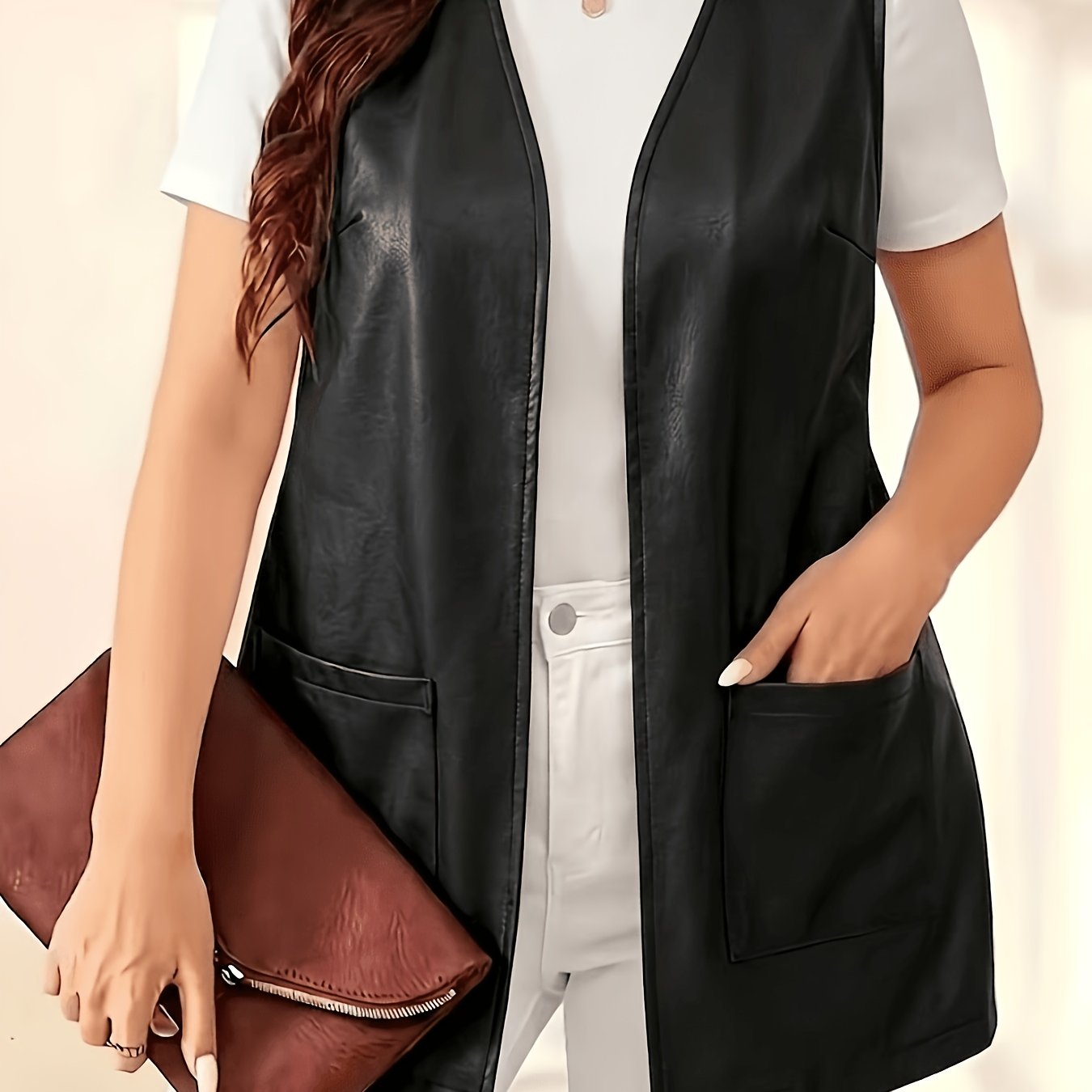 TEMU Plus Size - Women's Plus Size Commuter Versatile Elegant Temperament Pu Casual Sleeveless Pocket Vest Jacket