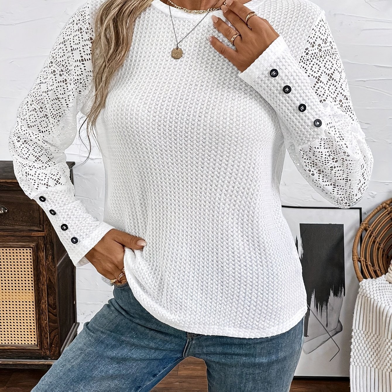 Image of [lightweight Design] Elegant White Lace-trimmed Blouse With Button Details - Crew Neck, Long Sleeve, Breathable Polyester For Women - Perfect For Spring, Summer, And Fall