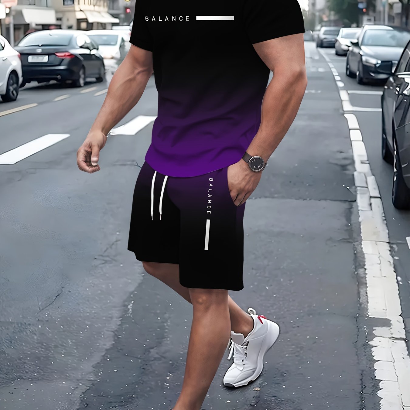 TEMU Plus Size Summer 's Short Sleeve Shorts Set[print Design- No Texture] Gradient Letter Signature Digital Full Body Print Men's Crew Neck Pullover