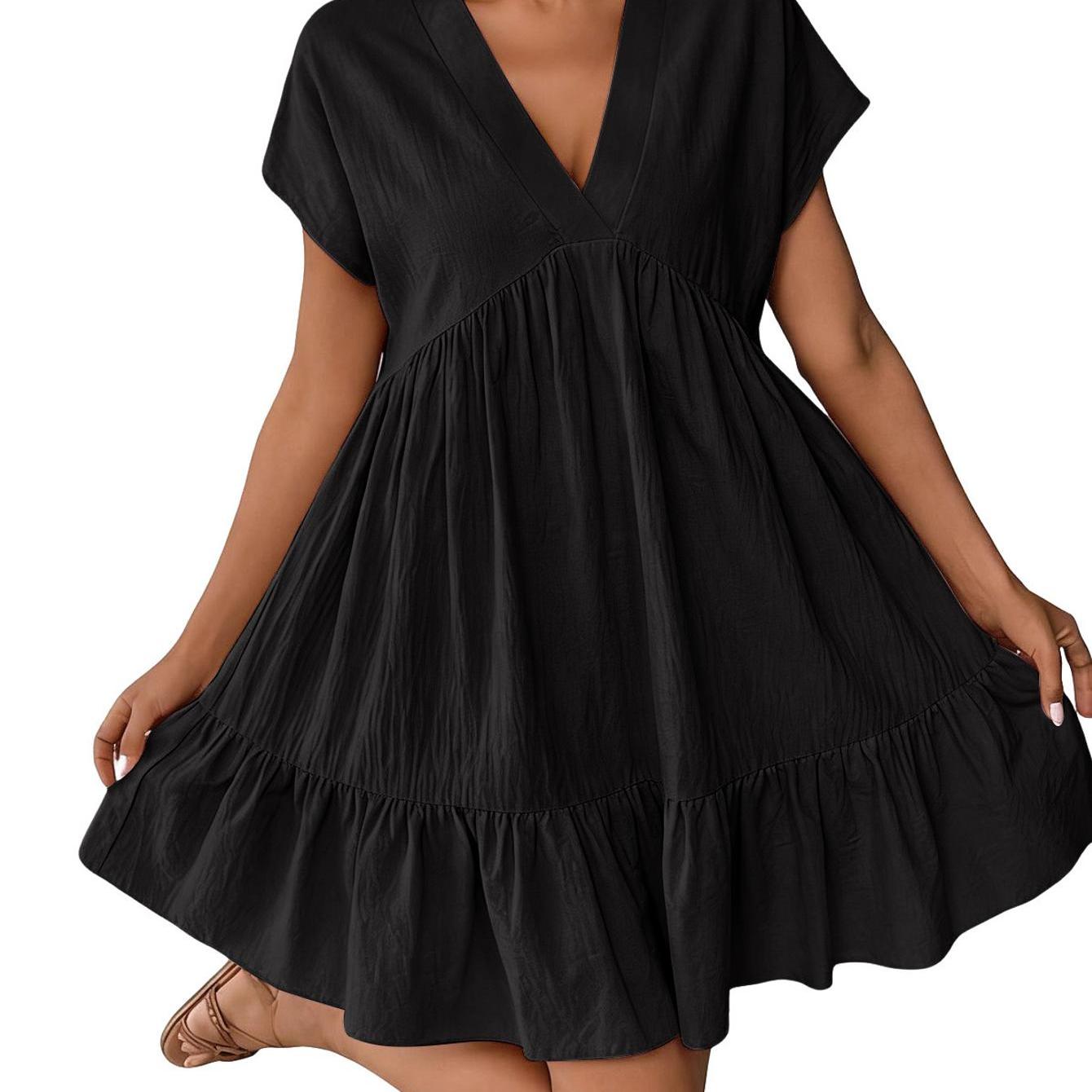 Image of Women's Short Sleeve V-neck Mini Dress, Flowy A-line Dress With Ruffle Hem, Casual Summer Dress
