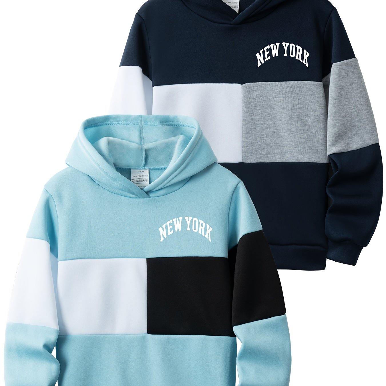 Image of 2pcs - Boys' Fashion Letter Hoodie, Autumn And Winter Children's College Block Long Sleeve Sweatshirt For Daily Wear & Outdoor Activities