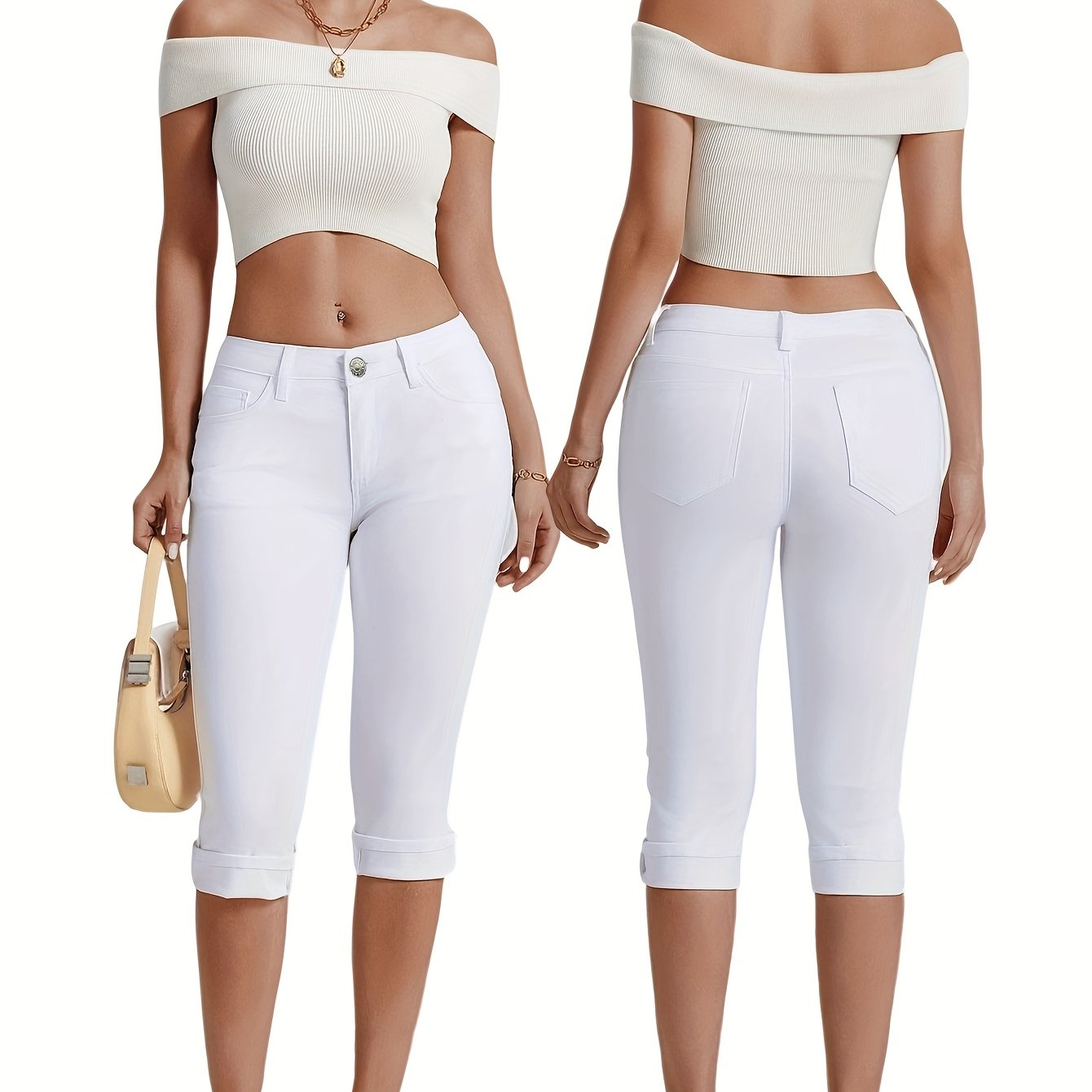 Image of Women's Fashionable White Elastic Crop Pants - Elegant, Skinny Fit, 3 Quarter Length, Button Fly Closure, Casual Weekend Wear, Casual Attire|skinny Fit Jeans|elastic Waistband