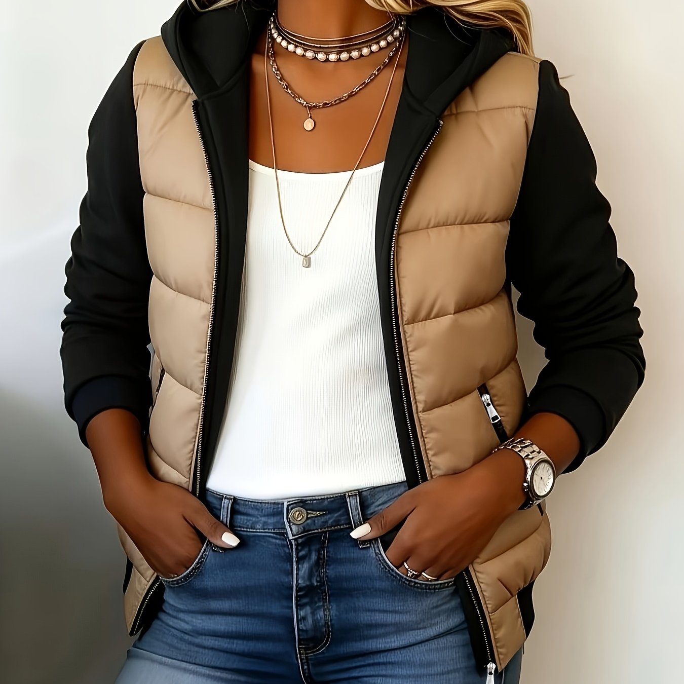 TEMU Women's Casual Fashion Versatile Color-block Hooded Easy European Style Zipper Jacket