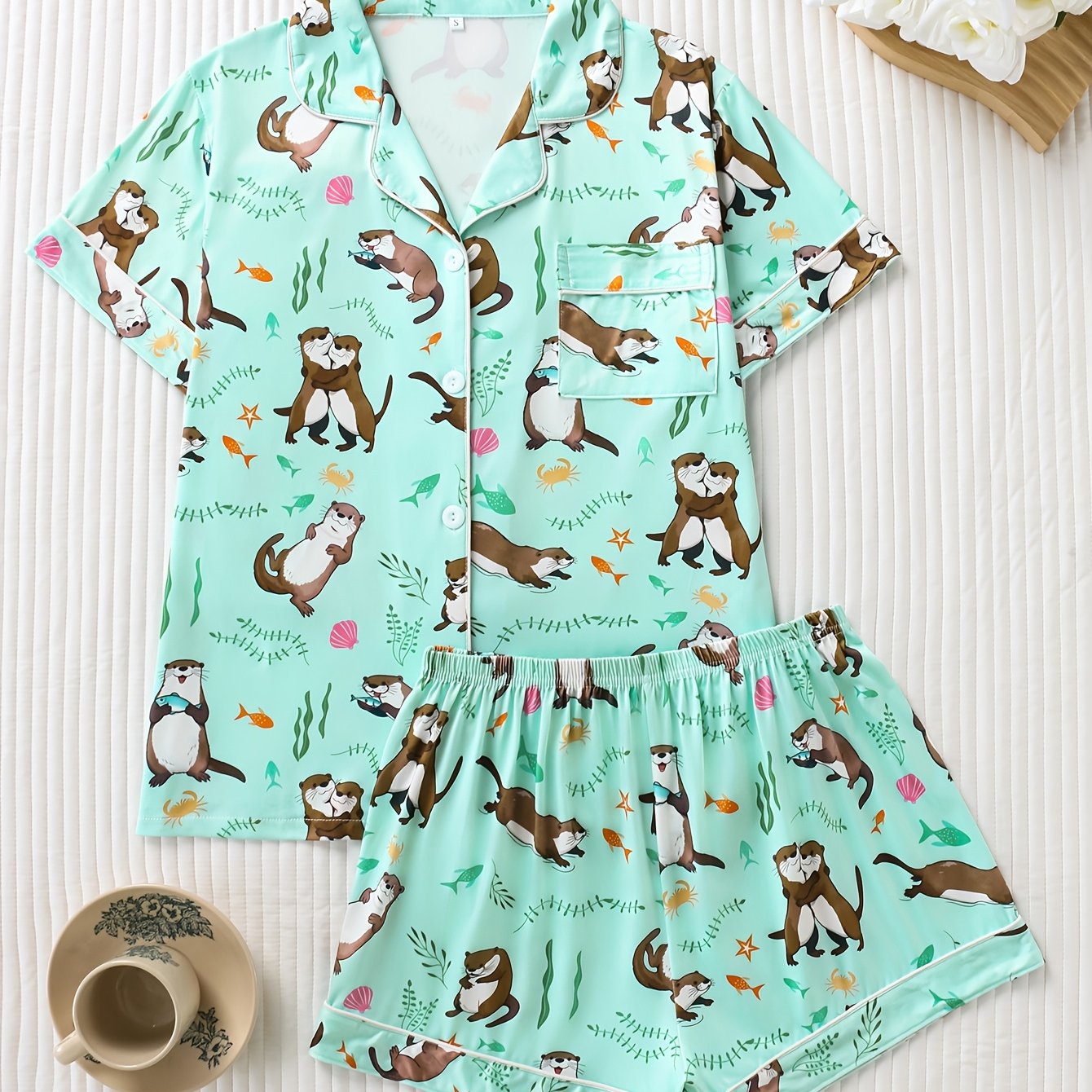 TEMU 2pcs Cartoon Otter Ocean Print Women's Pajama Set, Featuring A Button-up Short-sleeve Top With A Turn- Collar And Loose, Comfortable Shorts. A