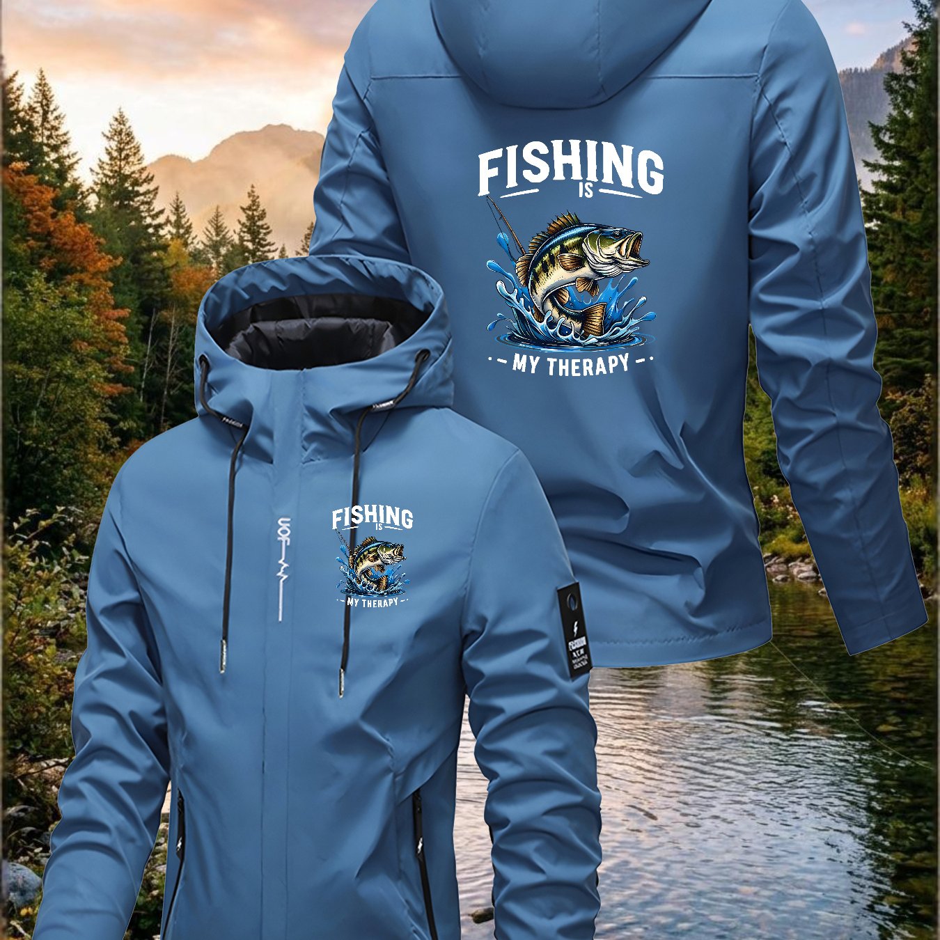 TEMU Protection! Men's Spring/autumn Windproof Hooded Jacket: "fish Is " Print, Breathable, Quick-drying, Wear-resistant, And Tear-resistant, With