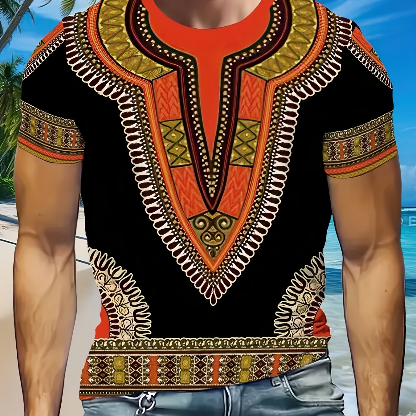 TEMU Men's Summer Casual Fashion T-shirt With 3d African Tribal Print - Breathable Polyester, Round Neck, Machine Washable