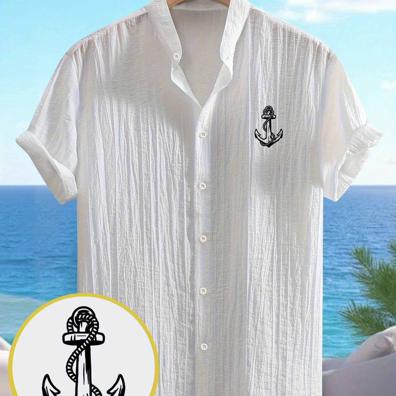 TEMU Men's Summer Casual Shirt - Breathable Fabric, Anchor Pattern Print, Solid Color, Stand Collar, Short Sleeves, Machine Washable, Suitable For