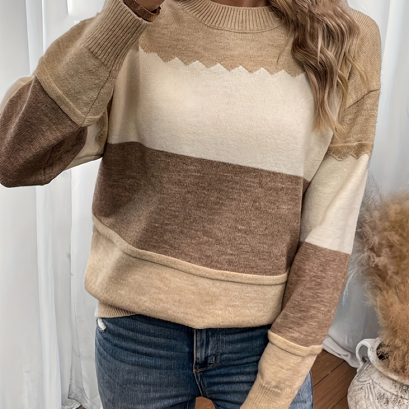 European And Autumn/winter New Arrival Versatile Casual Crew Neck Striped Long Sleeve Loose Fit Pullover Sweater For Women