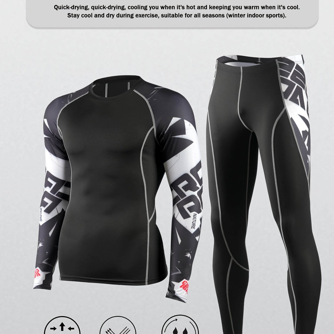 TEMU 2pcs Pattern Long T-shirt + Pants Slim Set, -drying Training Running Workout Suit