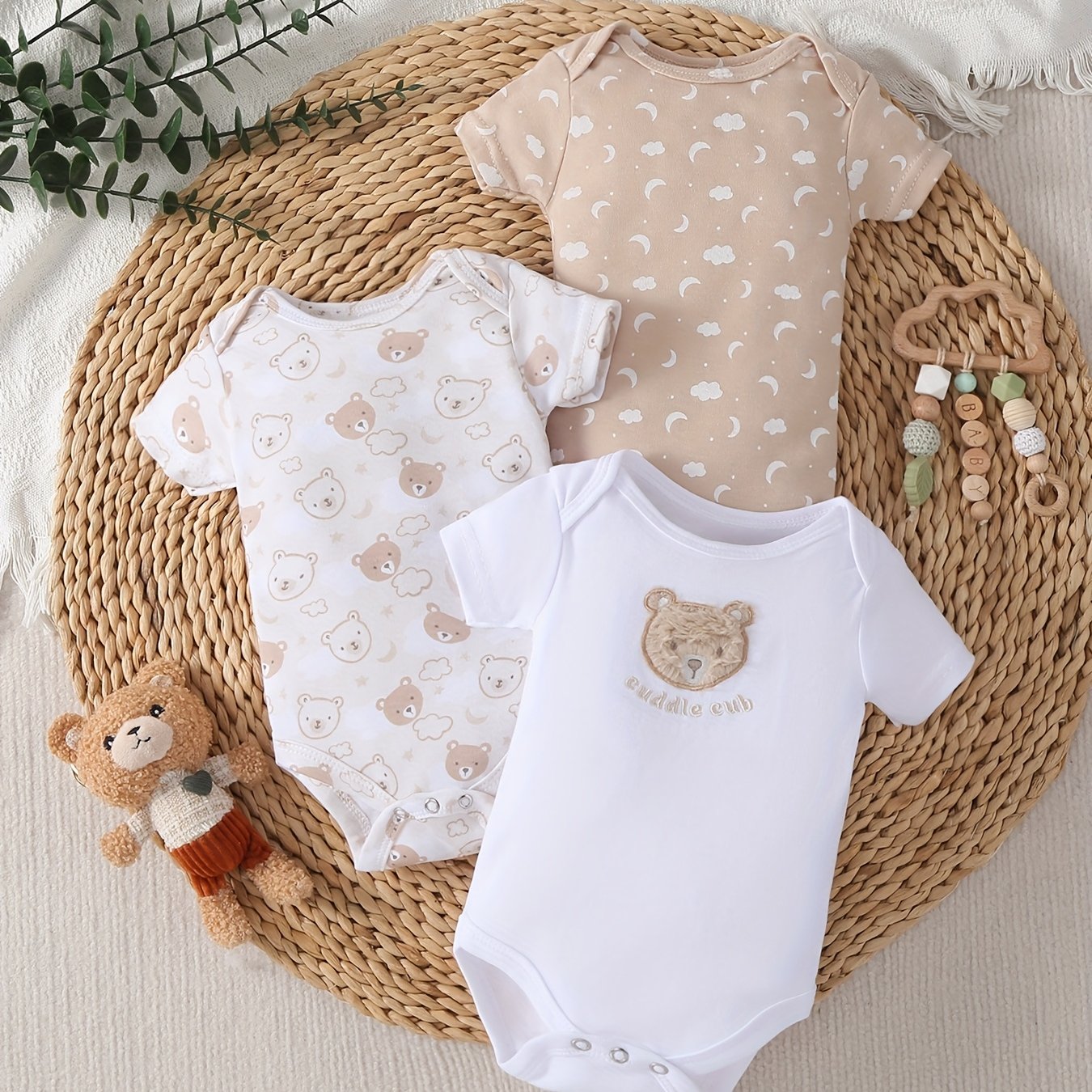 Image of 3pcs Newborn Baby Bear Embroidered Romper, Short-sleeve Bodysuit For 0-9 Months Boys, Baby Clothing, Perfect For Outdoor