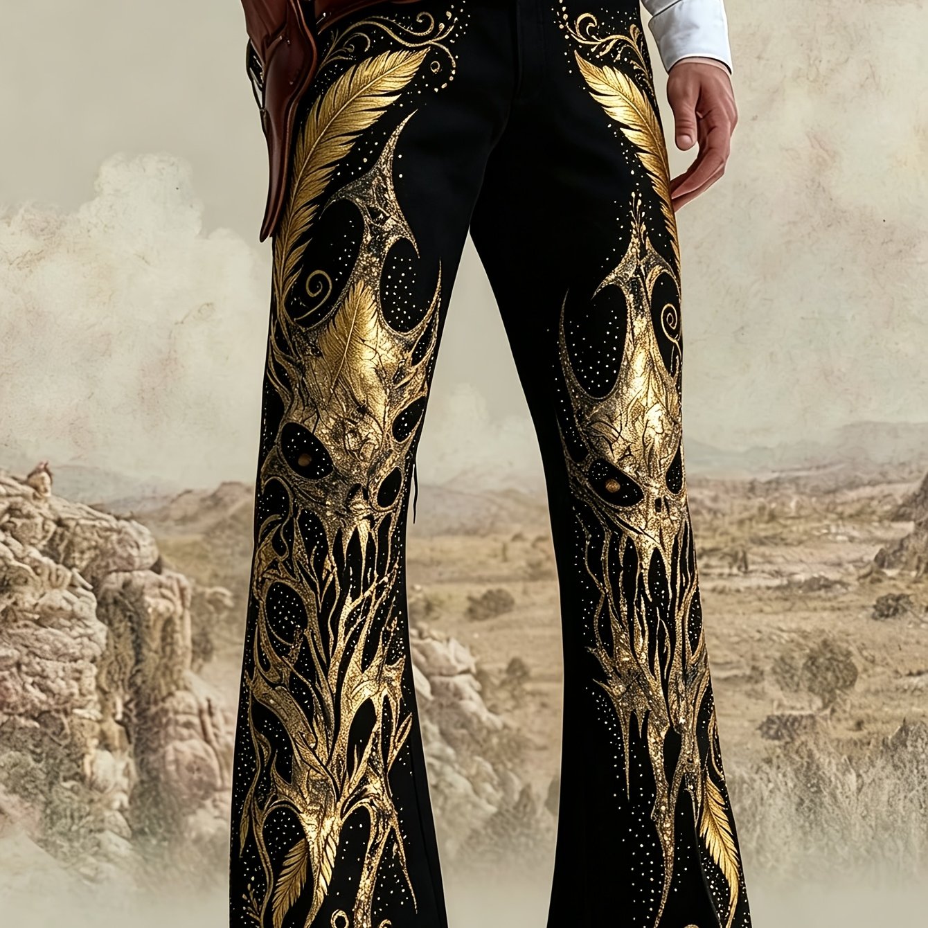 Image of New Arrival Men's Flared Dress Pants For Outdoor Street Outfits Full Solid Gilded Feather Thorn Skull Western Retro Rhinestone Print Comfortable Cool Light Versatile Design Sense Long Casual Trousers