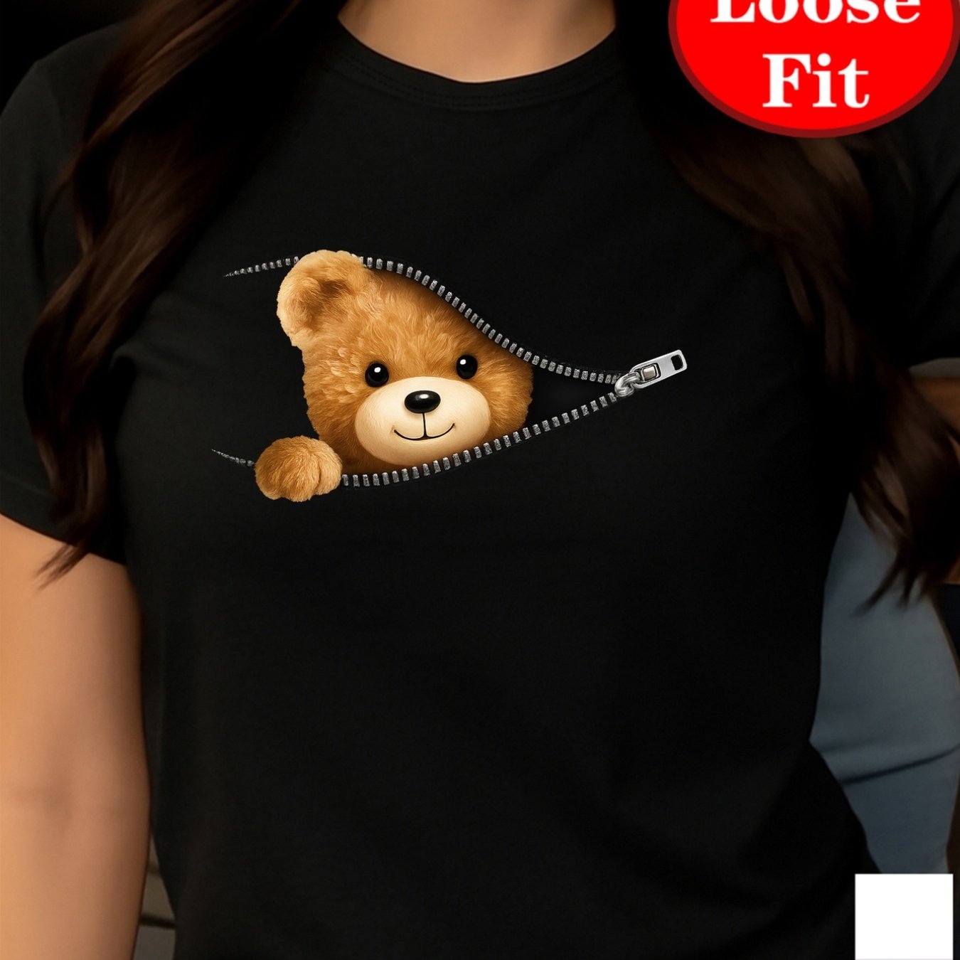 TEMU Women's Plus Size Oversized Teddy Bear Zipper Print T-shirt - Cute Brown & Zipper Slit Short Sleeve Round Neck Summer Top, Casual Loose Fit