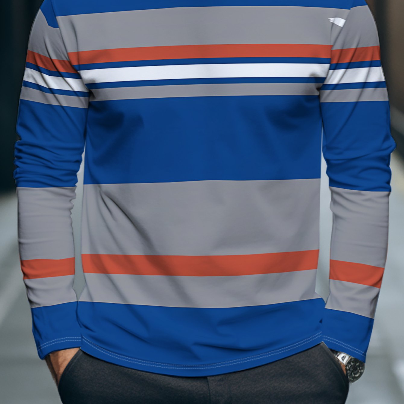 TEMU Blue And Gray Long Sleeve T-shirt With Orange And | , Crew Neck, Regular Fit, Stretch Fabric