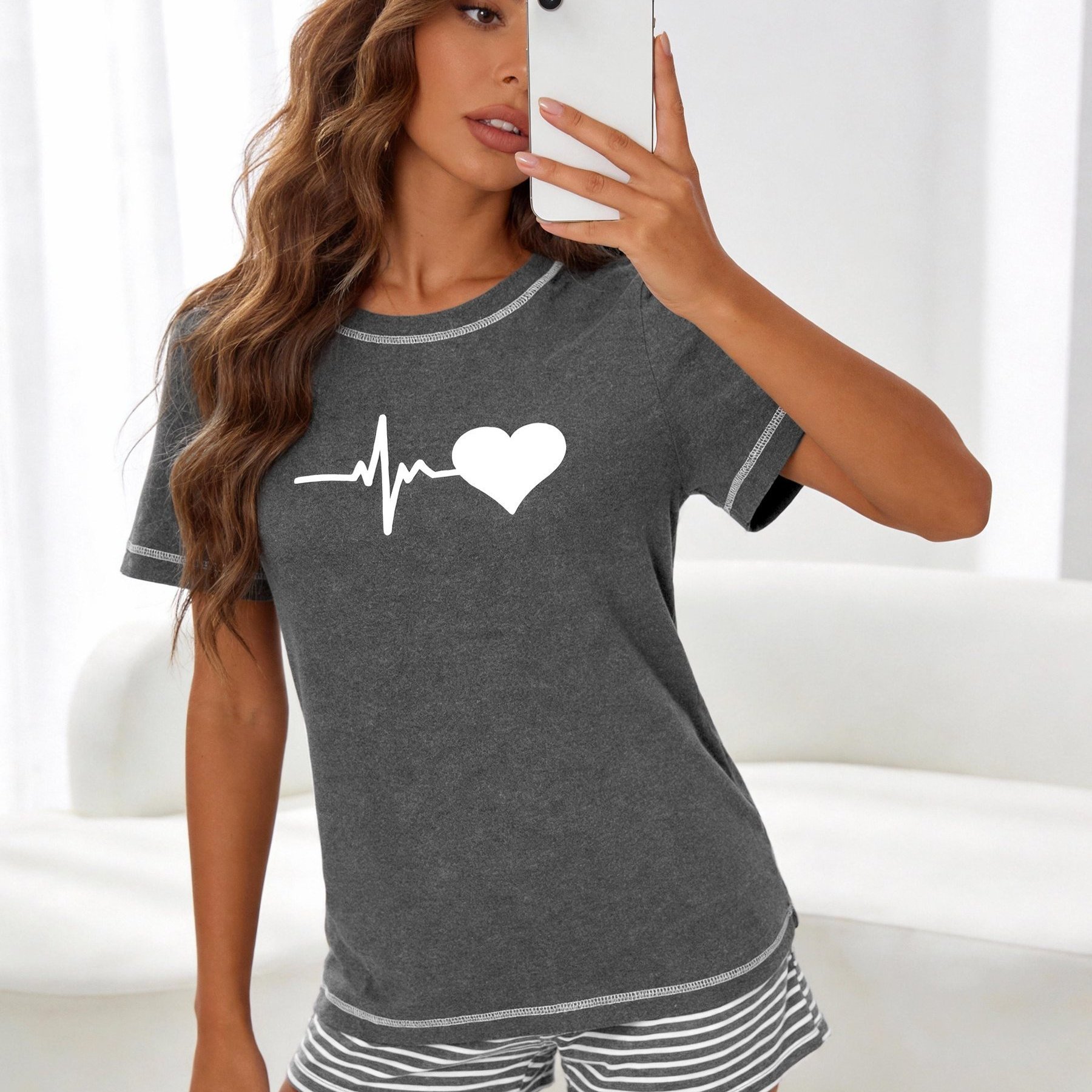 Image of Cozy Pajamas Set For Women Crew Neck Stripes Short Sleeves Lounge Sets 2pcs Pajama T-shirt And Shorts With Pockets, 2026 & Summer Arrivals, And Breathable, Essential Item For A '