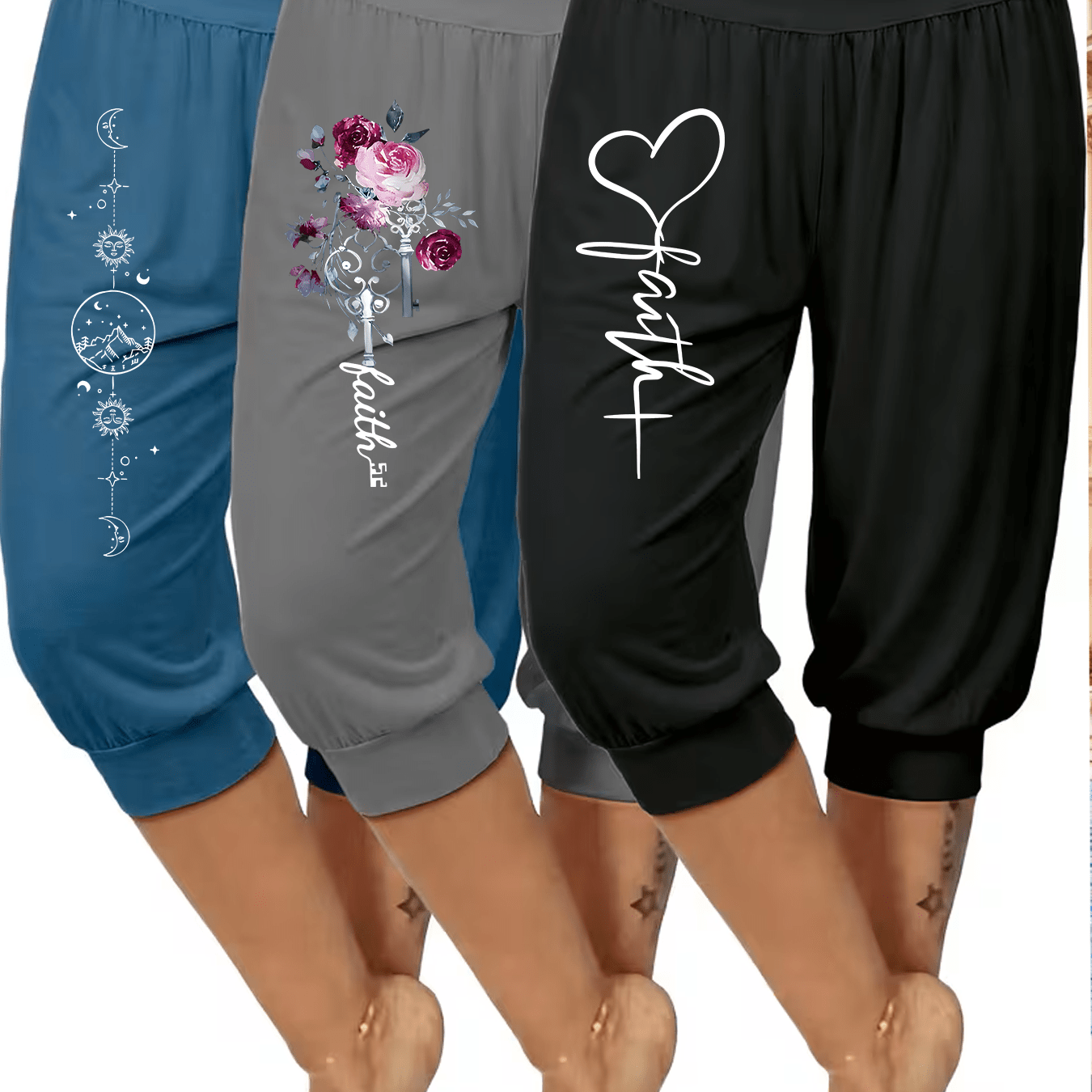 Image of 3pcs Women' Size Fashion Floral Print Elegant Harem Capri Pants, Comfortable High-waist Medium Stretch Casual Jogger Yoga Capri Pants For Vacation