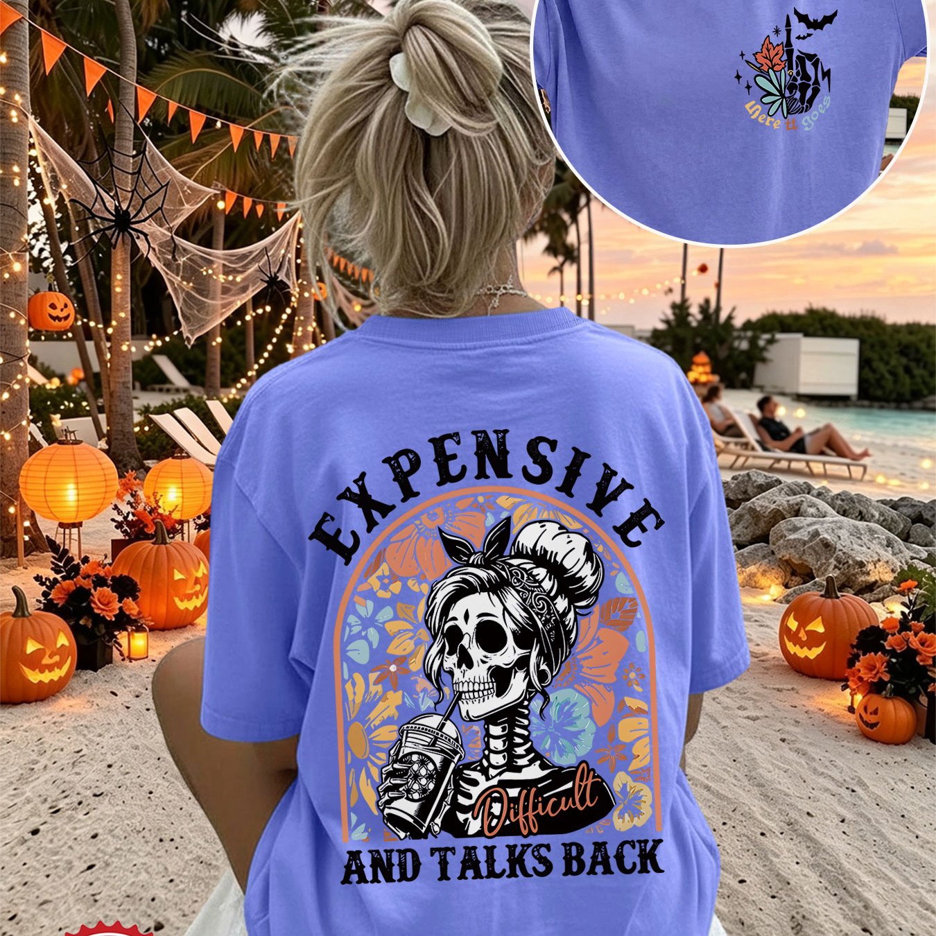 TEMU Halloween Double-sided Print Spring/summer New Women's Top, Vintage Style With Skull, Floral, And "expensive And Back" Beverage Print, Daily