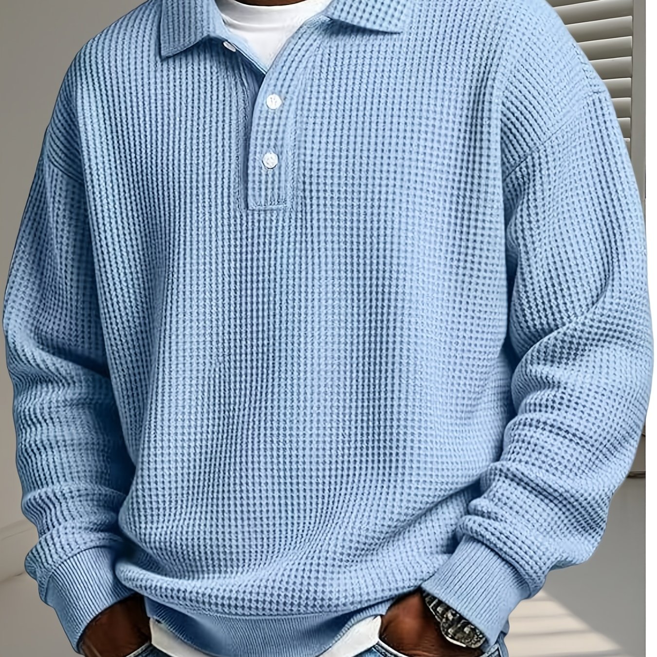 TEMU Men's Waffle Knit Long Sleeve Shirt, Casual Collared 3 Buttons Henley Pullover Tops Vintage Textured Loose Fit Knitted Sweatshirt For Fall Daily