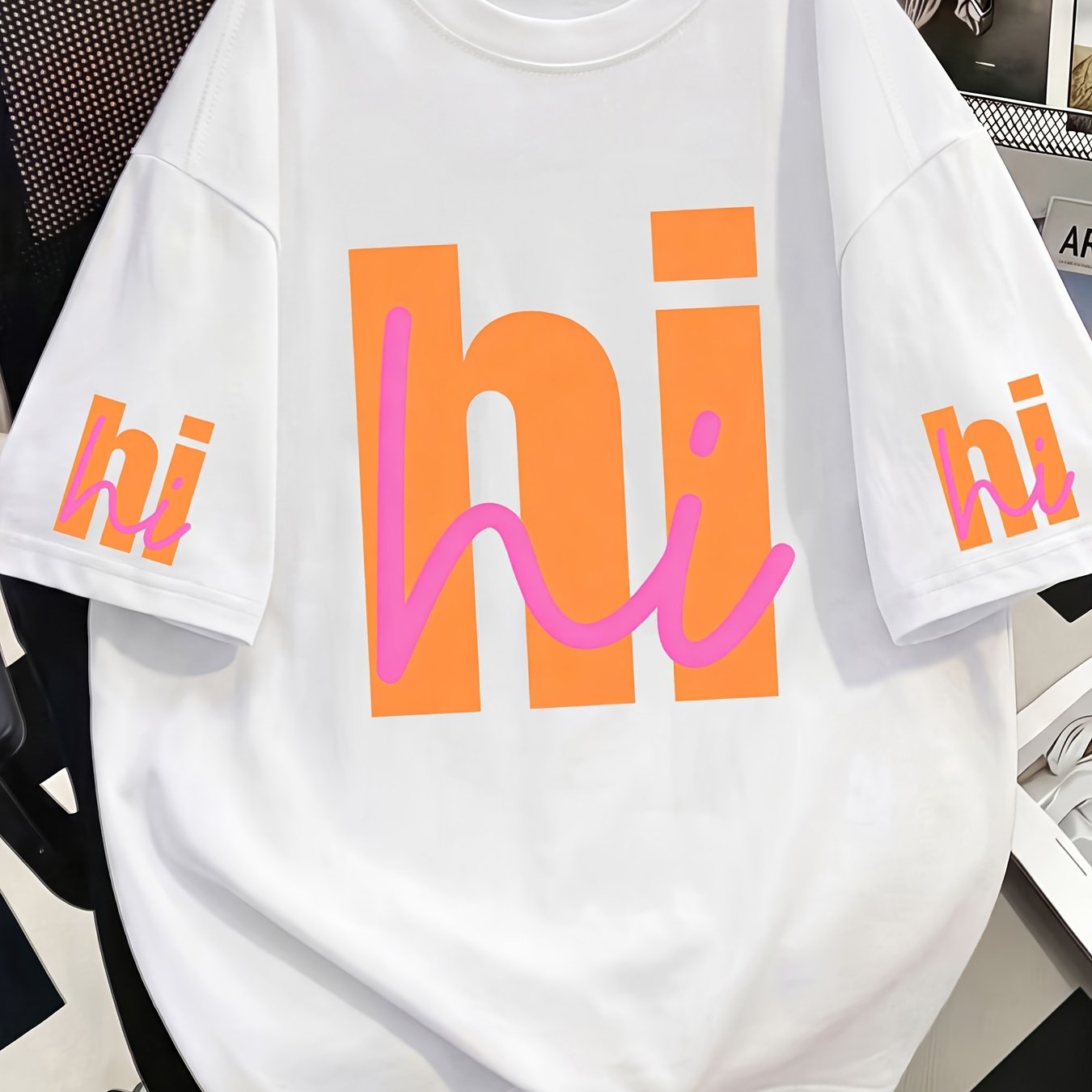 TEMU Creative Fashion "hi" Print T-shirt For Women, New Short Sleeve Casual Crew Neck Top, Suitable For Spring And Summer, Women's Clothing - Holiday