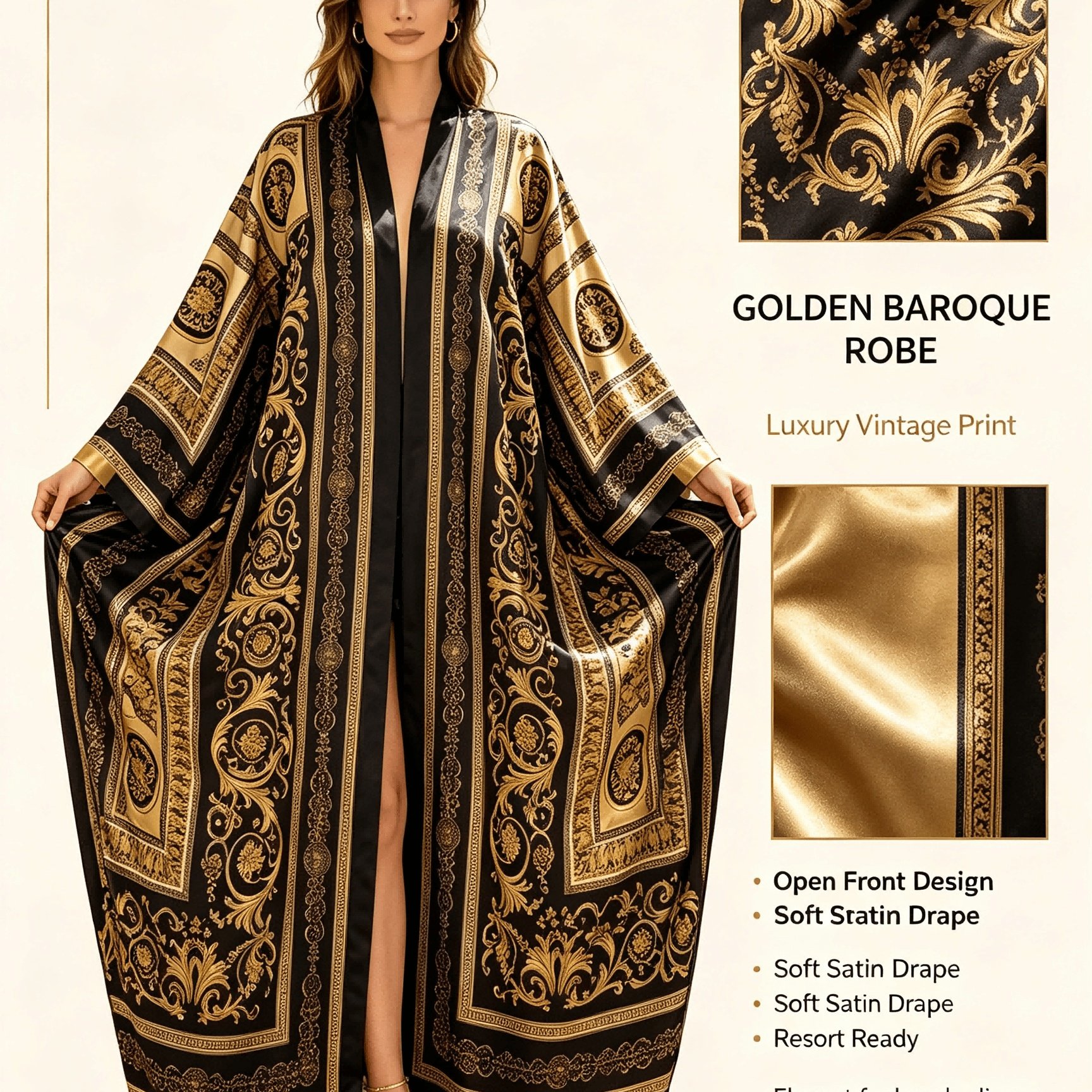 TEMU Plus Size - Light Luxury Golden European Baroque Curly Grass Badge Satin Wide Sleeve Long Style Kaftan Long Sleeve Robe Women' Wall Courtyard