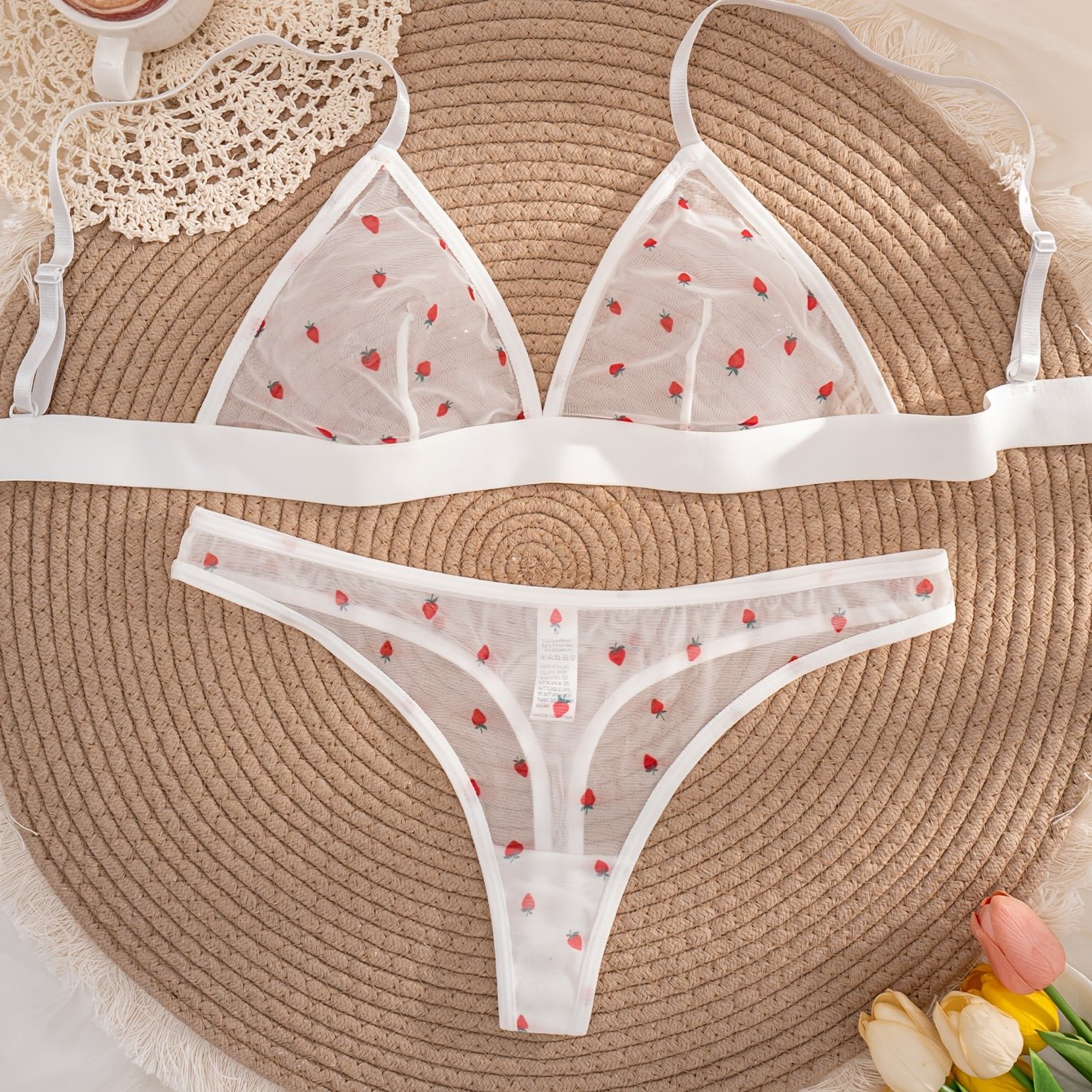 TEMU 1 Ensemble de lingerie confortable armatures pour femmes, couleur unie, imprimé fraise | Style mature, motif fruits et légumes