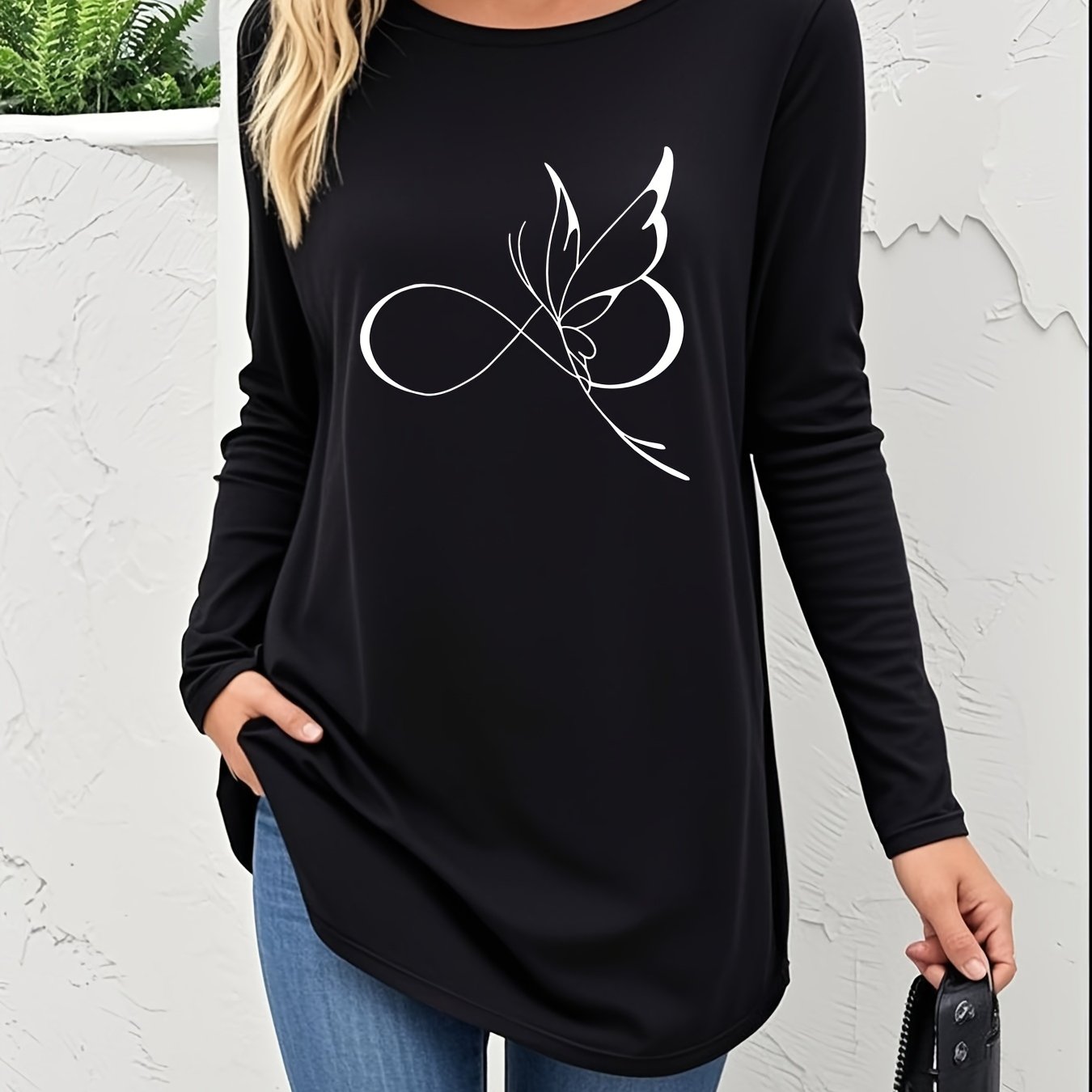TEMU Infinity Symbol Print Long Sleeve T-shirt | Loose Fit, Casual Crew Neck, Medium Stretch Fabric, , Pullover Style