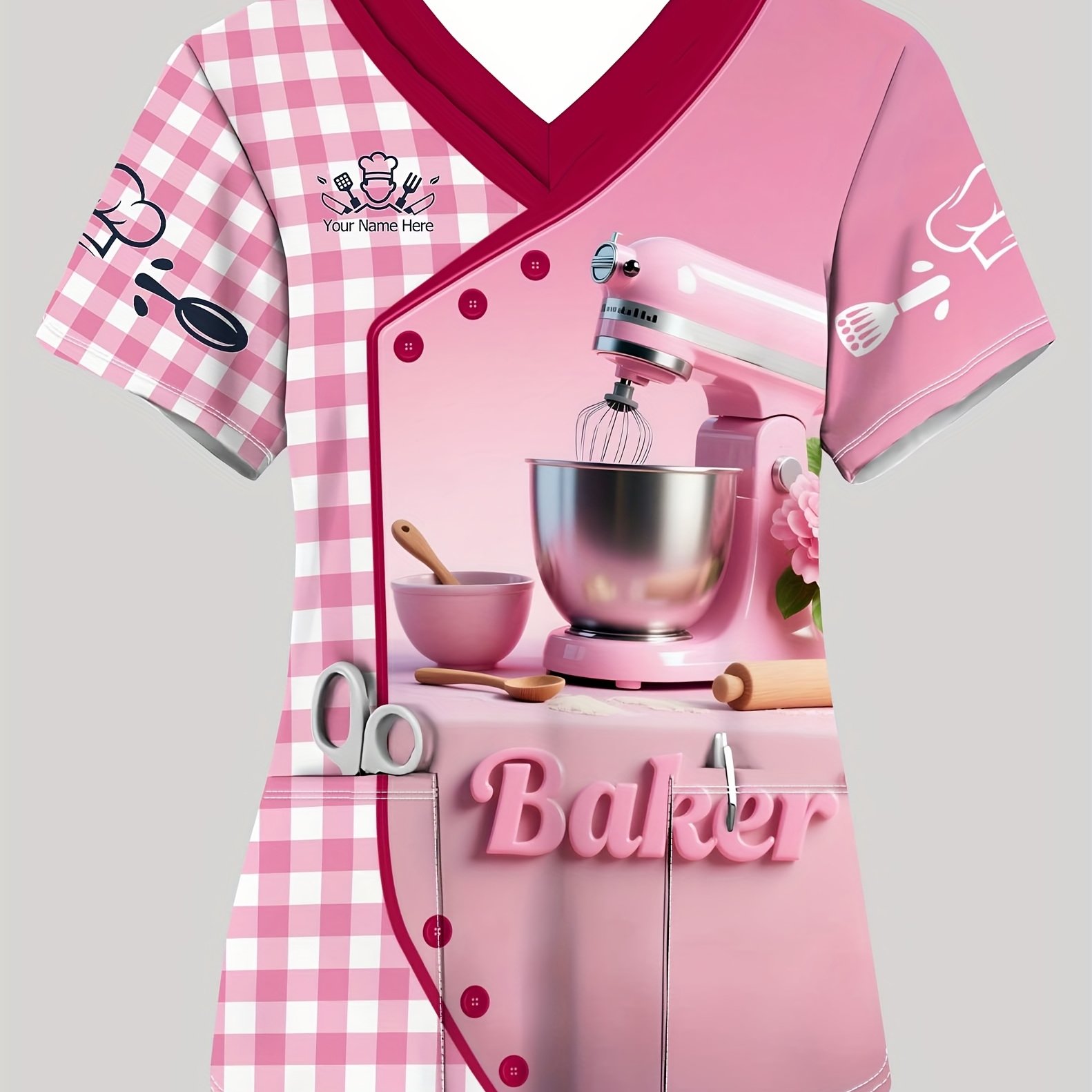 TEMU Custom Name Chef T-shirt, Personalized Custom Service Workwear V-neck T-shirt, Cooking Enthusiast V-neck Casual Elegant T-shirt, Tool Print