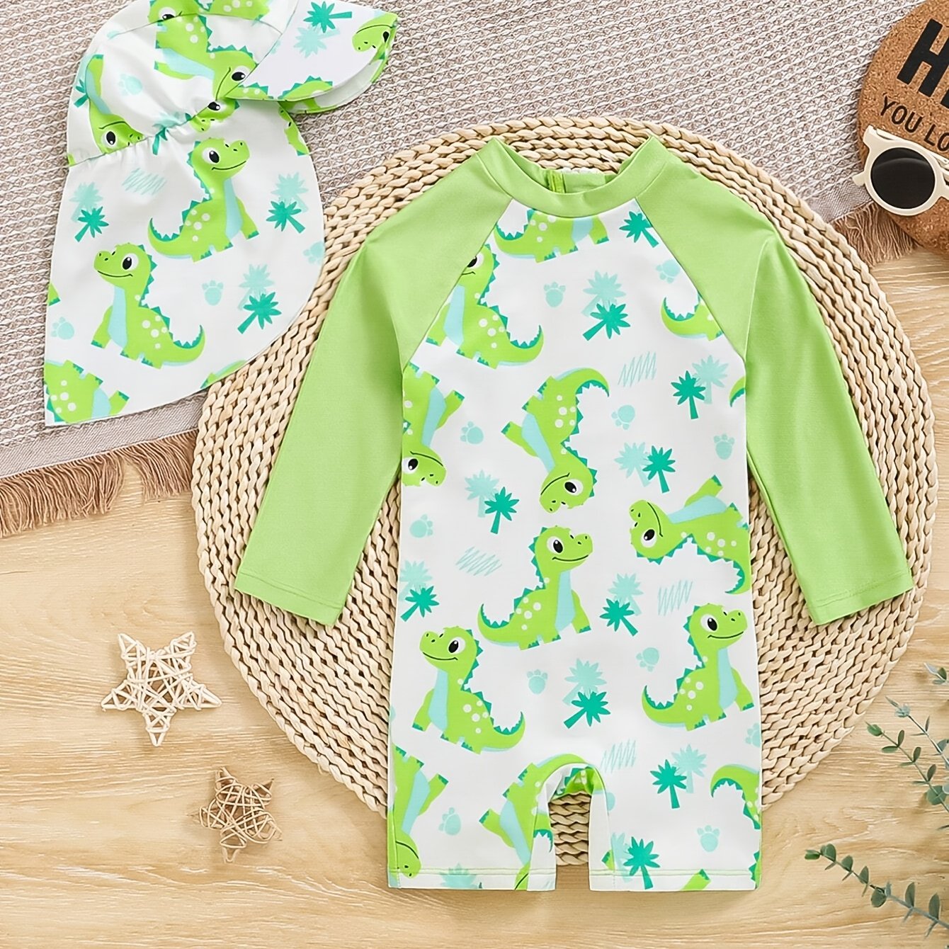Image of Children's Cartoon Dinosaur Zipper Swimsuit Long Sleeve And Swim Cap Boys Infant Beach Swimming 2pcs Set