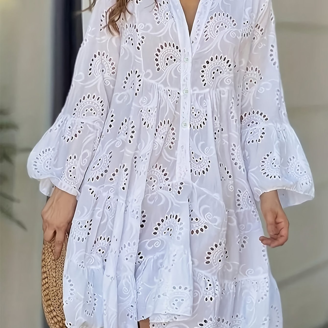 Image of Ladies' Casual V-neck Long Sleeve Dress | Lace Detail, Loose A-, Perfect For Spring/summer