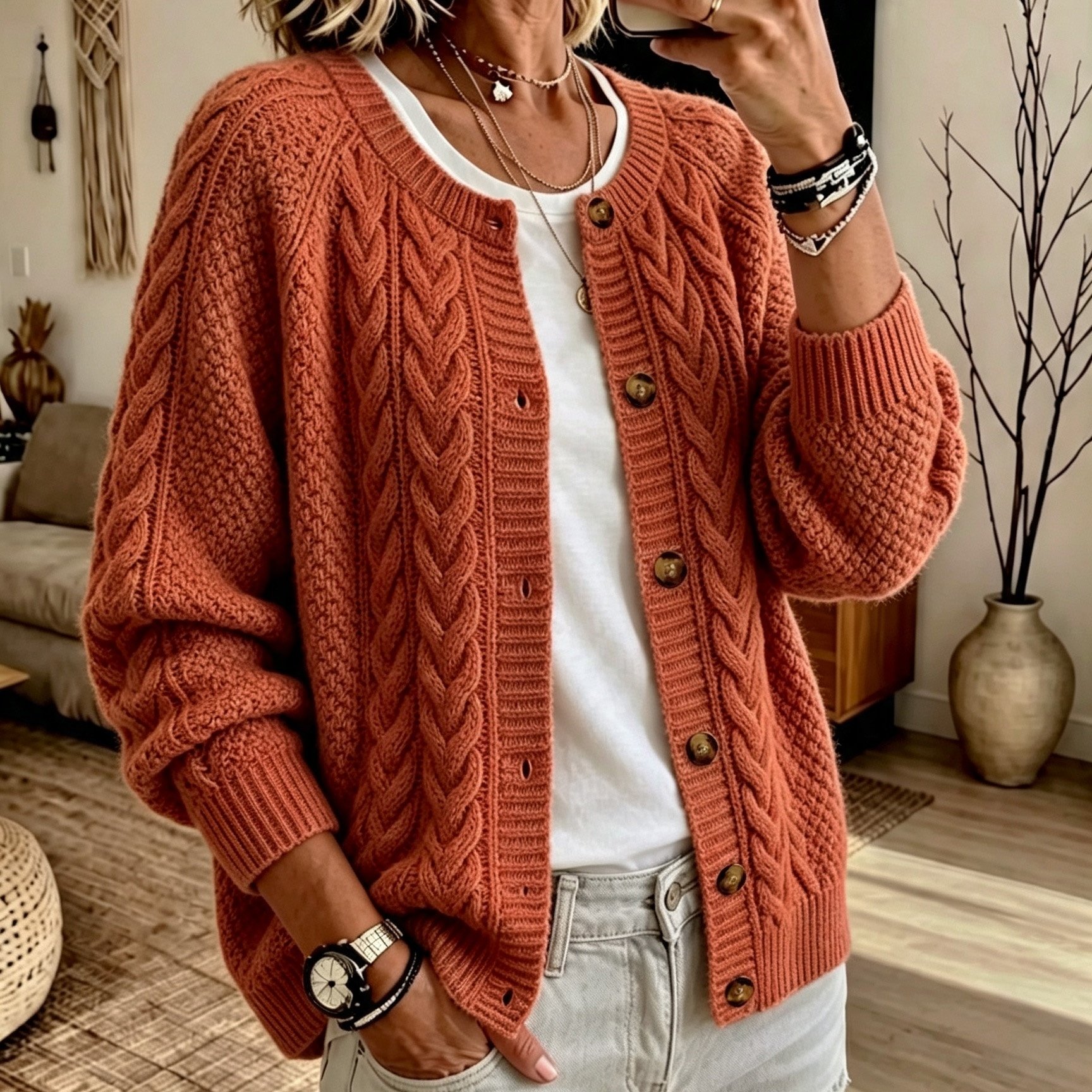 TEMU Cardigan Grande Taille, Style Vintage Européen et Américain, Coupe Décontractée, Col Ras du Cou, Torsades, Couleur Unie, Simple, , Manches