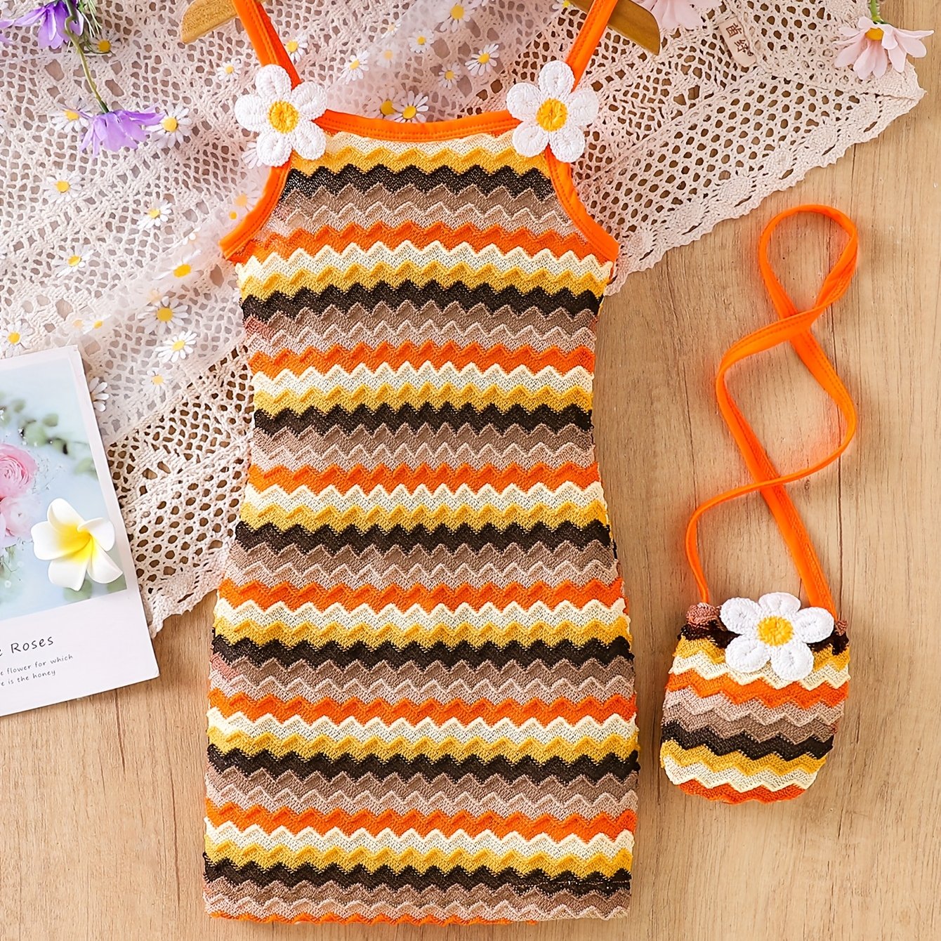 TEMU Sommerliches Mädchenkleid ohne Ärmel mit tropischen Streifen und Blumenakzenten & passender Tasche - Lebendig Oranges, Braunes & Beiges