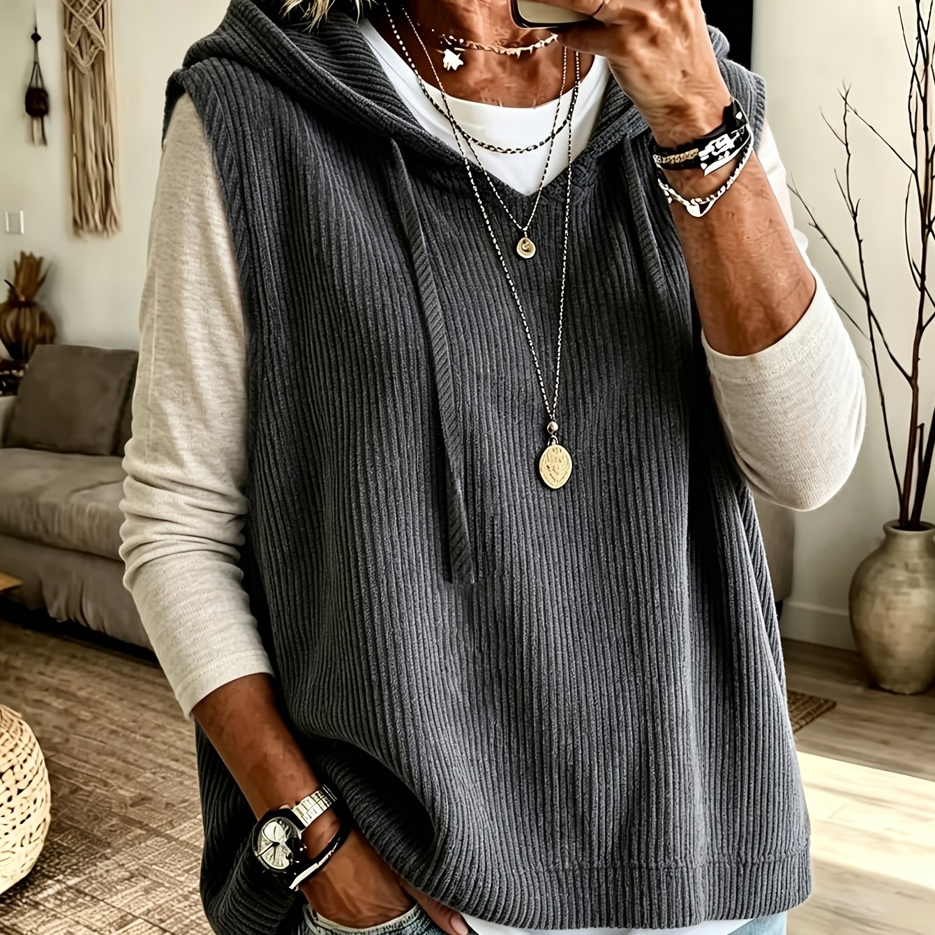 TEMU Plus Size Women's Casual Vest With Hood, Top For Curvy Figures, Suitable For And Casual Wear (inner Layer Not Included)