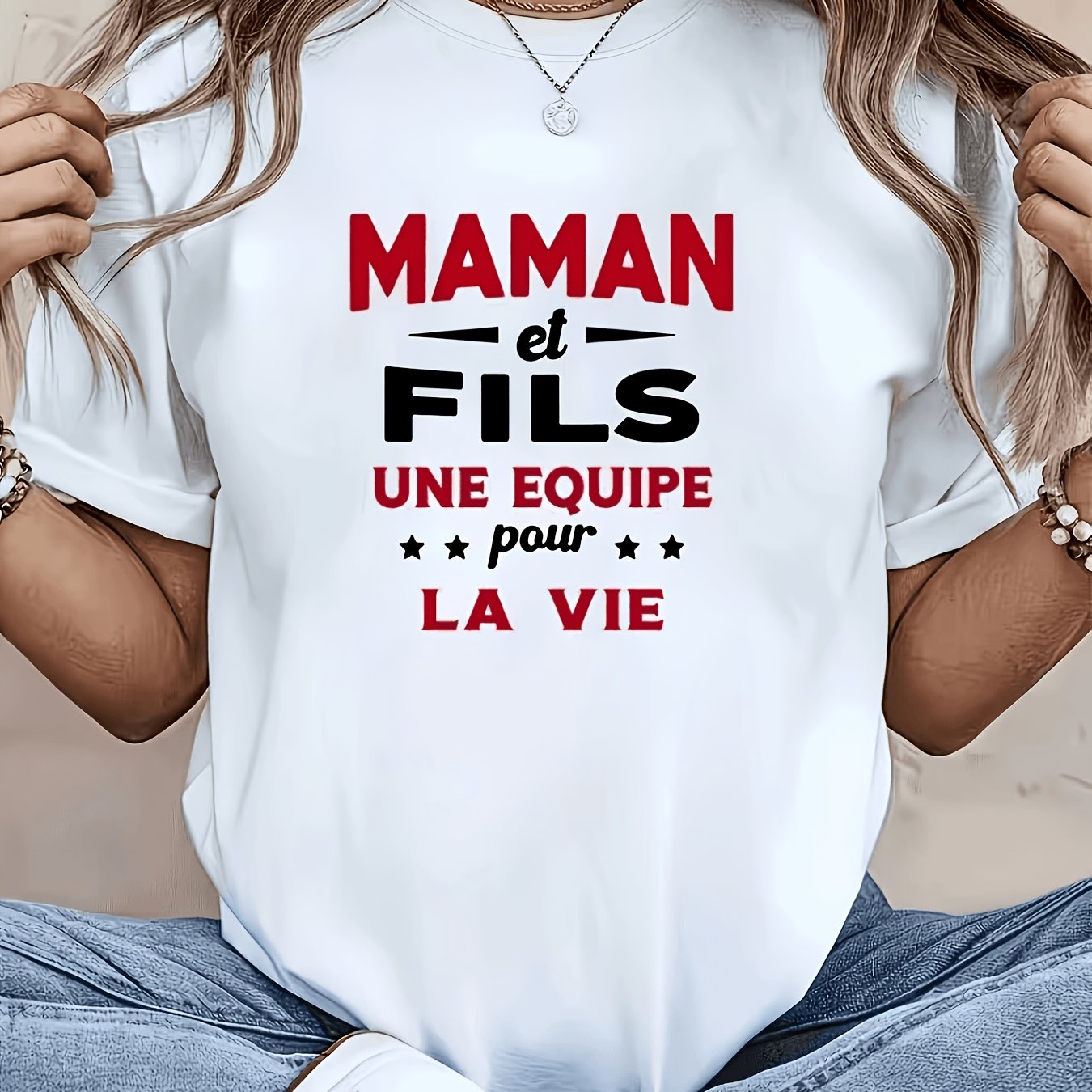 TEMU T-shirt Femme Printemps Été Col Rond "French MAMAN And SON A TEAM for LIFE" Style Parental, Impression de Lettres, Émotionnelle, Tenue