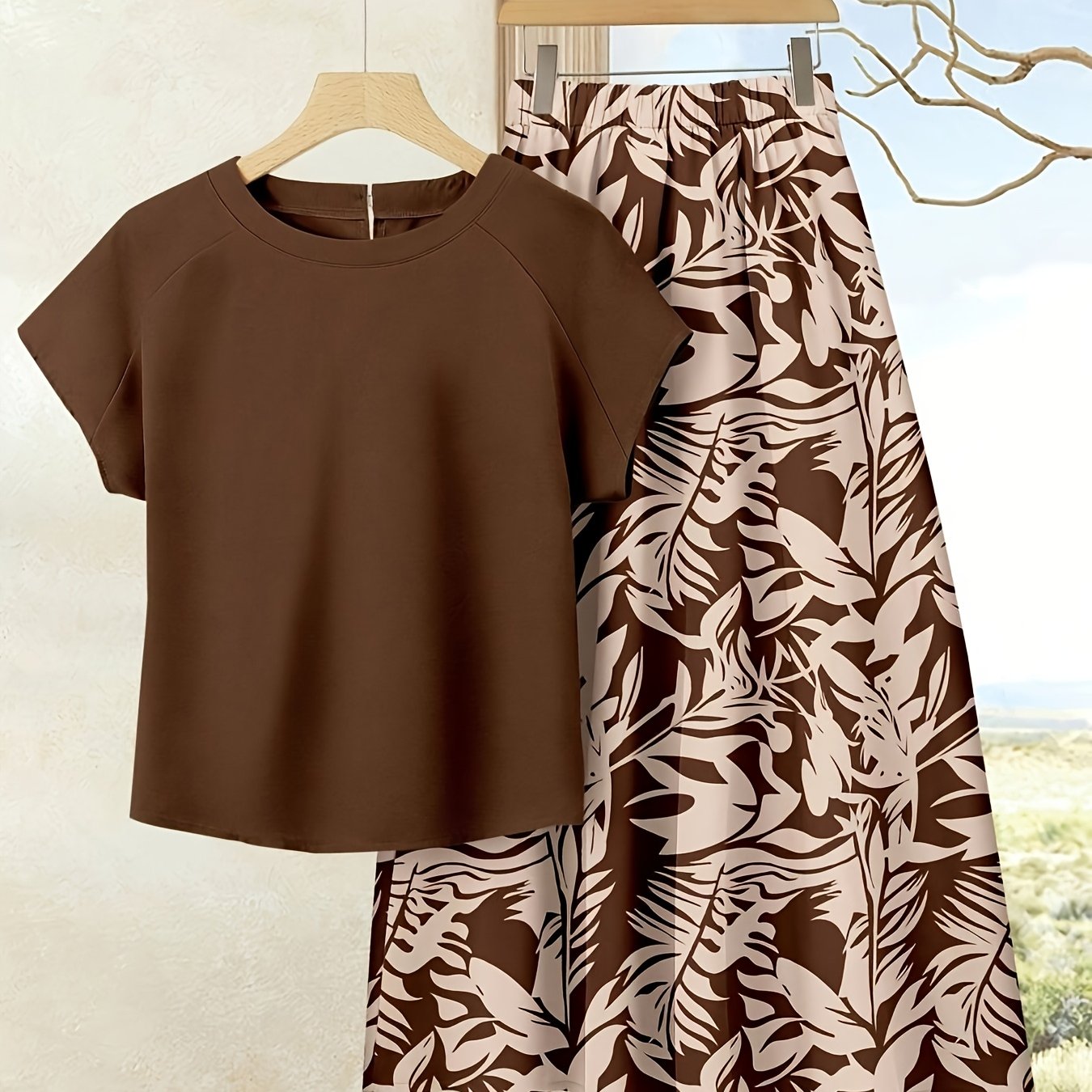 TEMU Women's Holiday Casual Solid Color Top   Printed Skirt Set, Women's Summer Outfit, Summer Skirt Set, Skirt And Top Set, Women's Skirt And Top