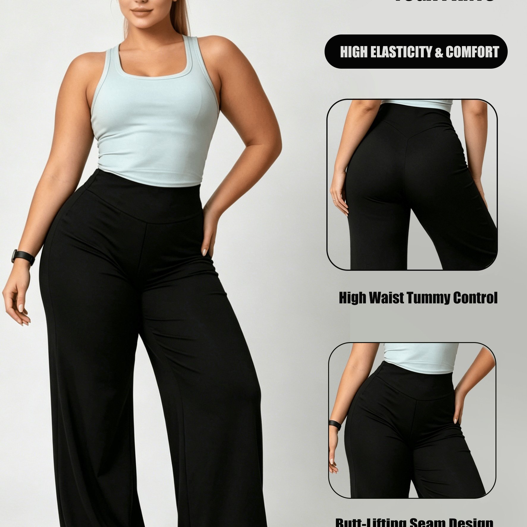 TEMU Plus Size Women's High Waist Straight Leg For Yoga Pants Tummy Control Lifting Stretch Comfortable Soft Smooth Fabric Wide Leg Casual Workout