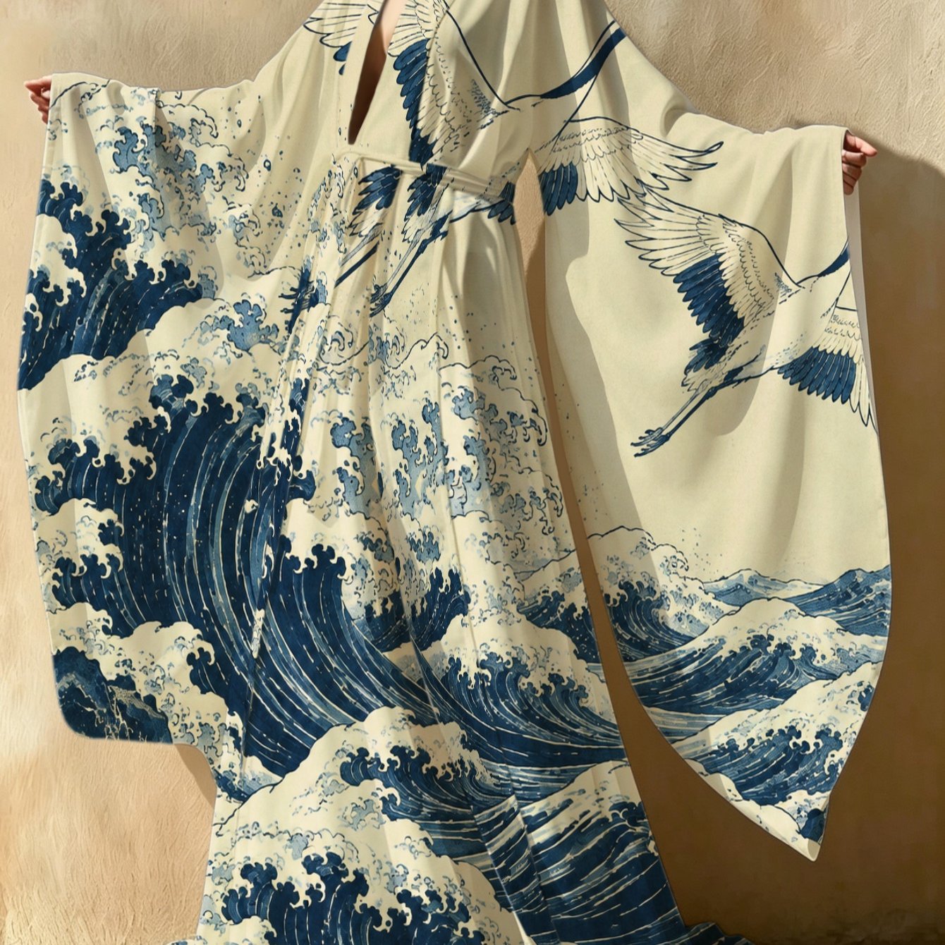 Image of Red- Crane And Great Wave Kimono Cardigan Bathrobe. Japanese Traditional And Artistic Style. . Vintage Ethnic Clothing. Loungewear Robe. Washable. Halloween Carnival!