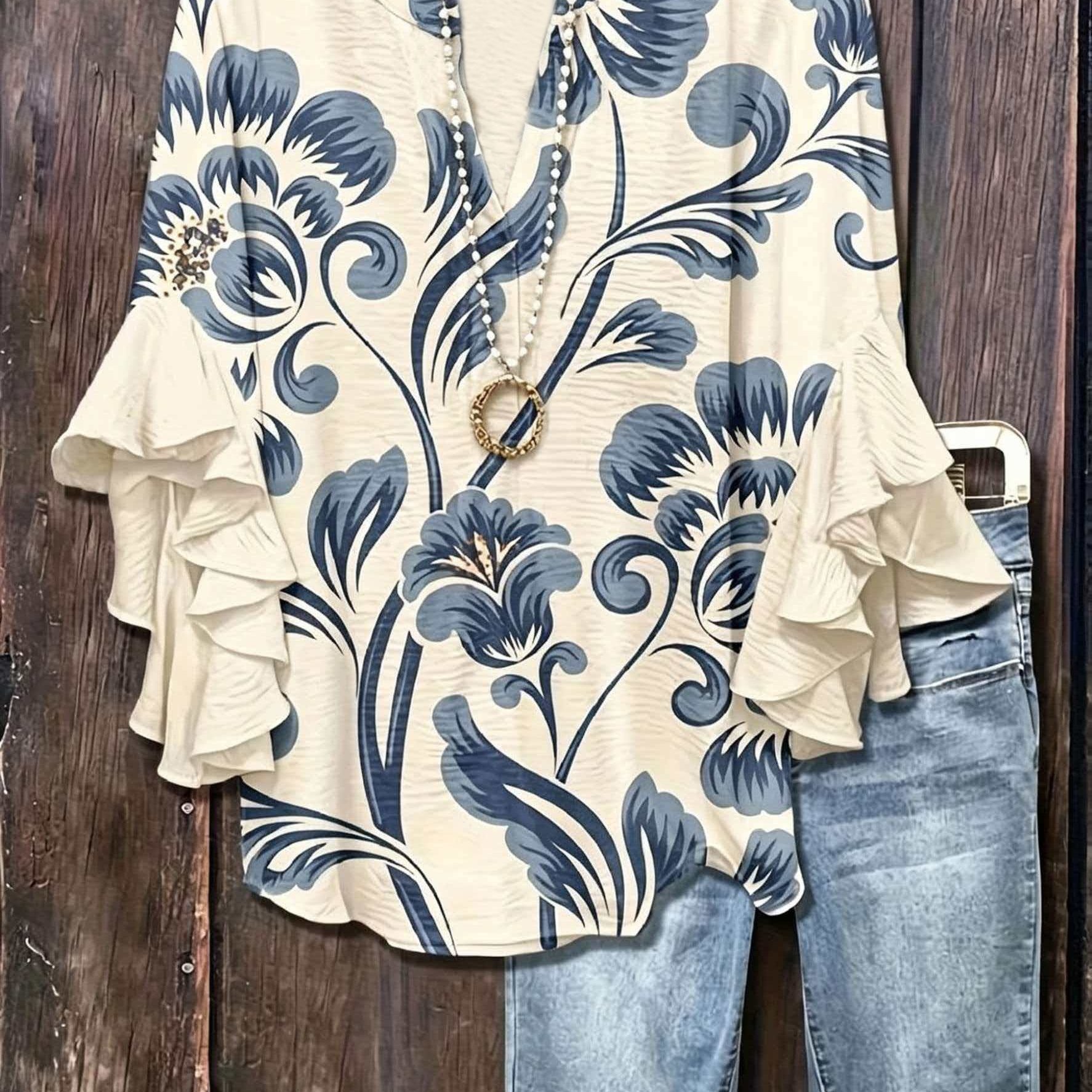 TEMU Plus Size Women's Shirt Top, Summer Floral Print Loose Bell Three-quarter Sleeve V-neck Women's Blouse