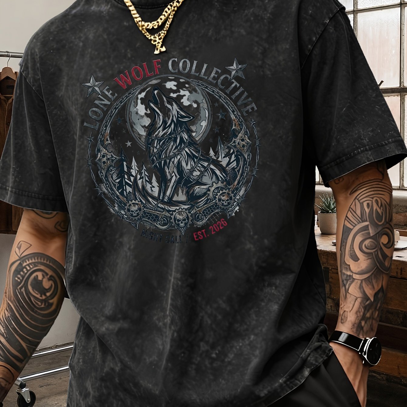 TEMU A Wolf Design High Quality T-shirt With Vintage Washed Look Men's T-shirt For Casual Wear And Outdoor Activities Ideal Gift For Who And Wildlife