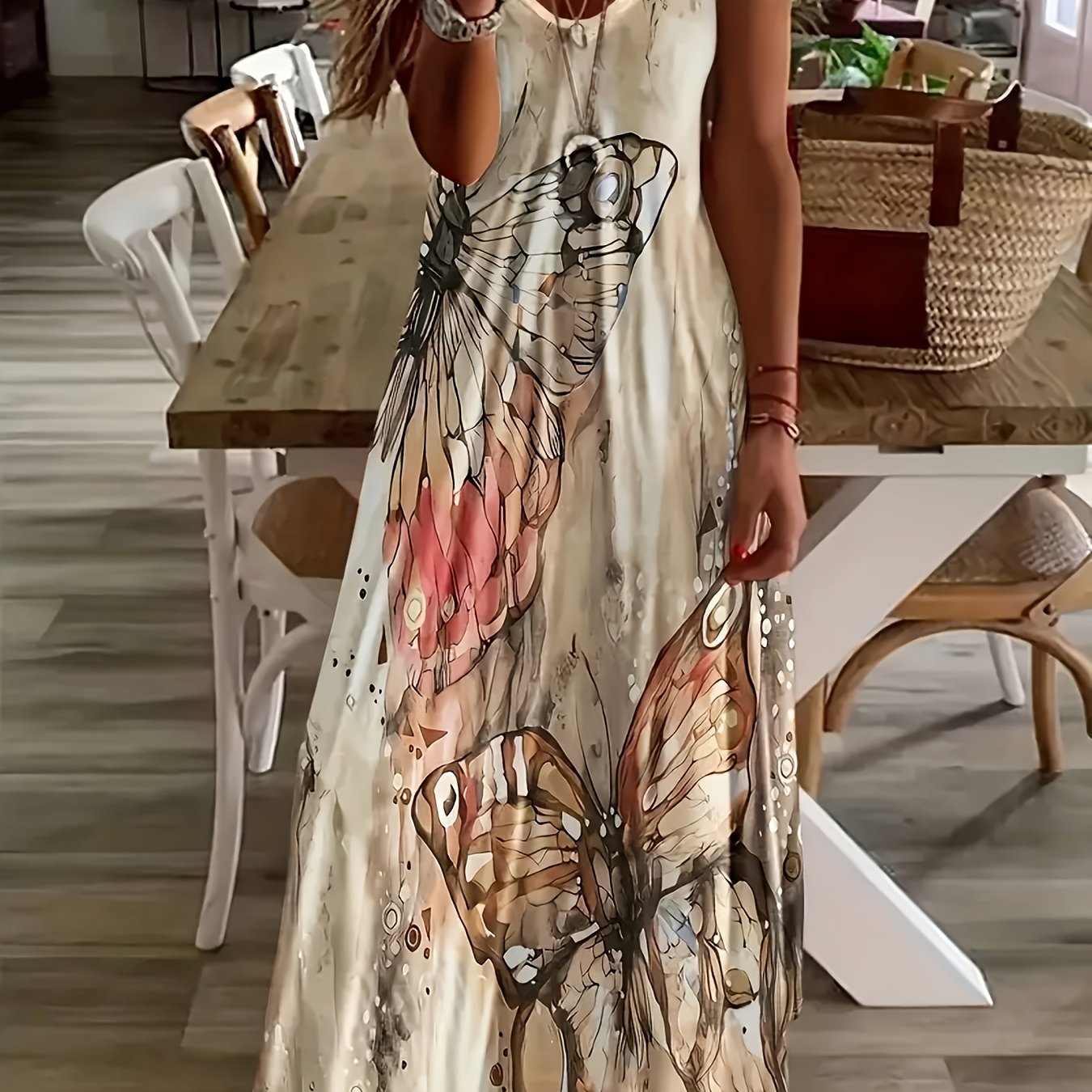 Plus Size, Summer Short Sleeve Print V-neck Spaghetti Strap Plus Size Flared Maxi Dress